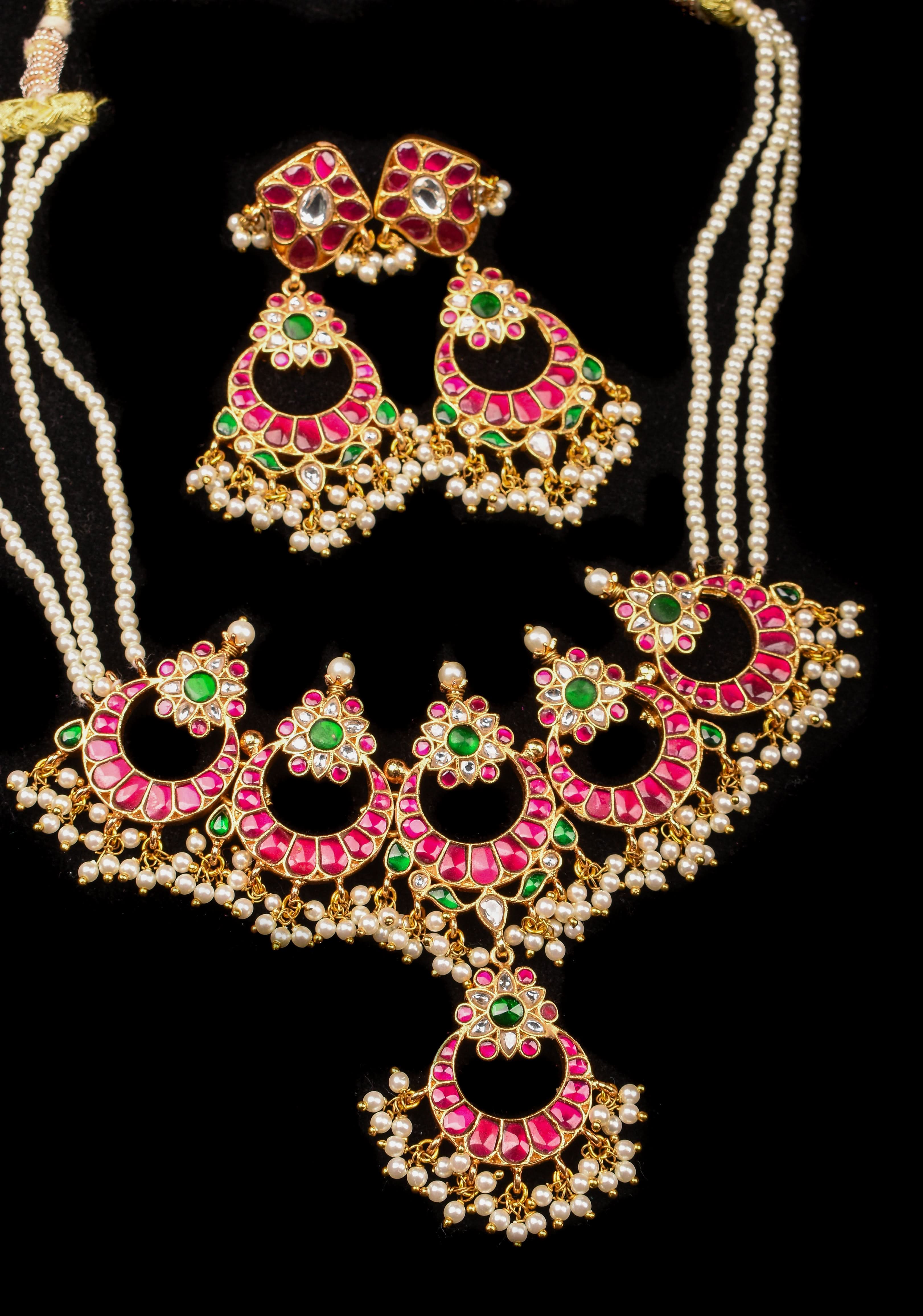 Ahmedabadi kundan Chand Jadau Necklace and Earrings Set | SHOBITAM