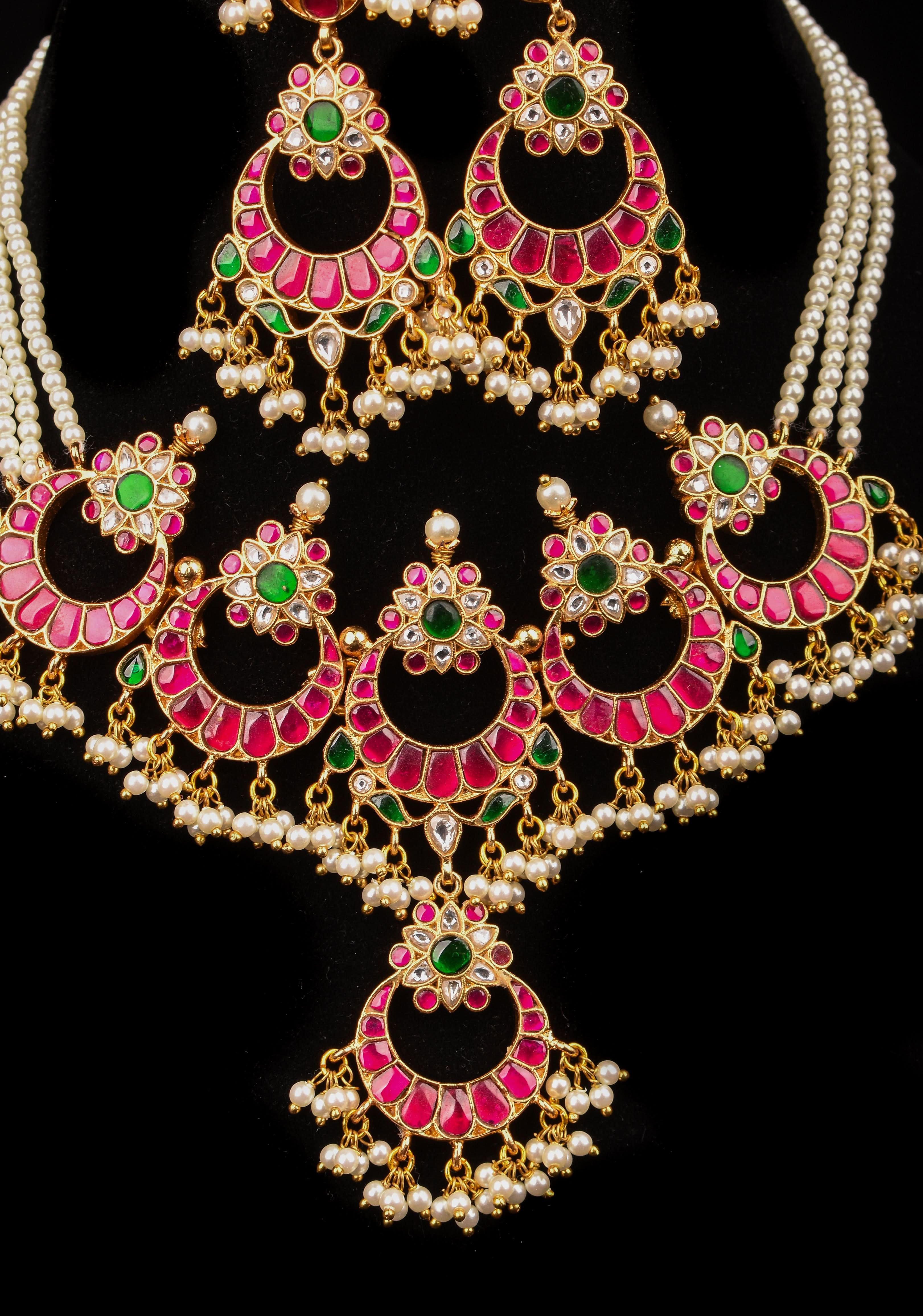 Ahmedabadi kundan Chand Jadau Necklace and Earrings Set | SHOBITAM