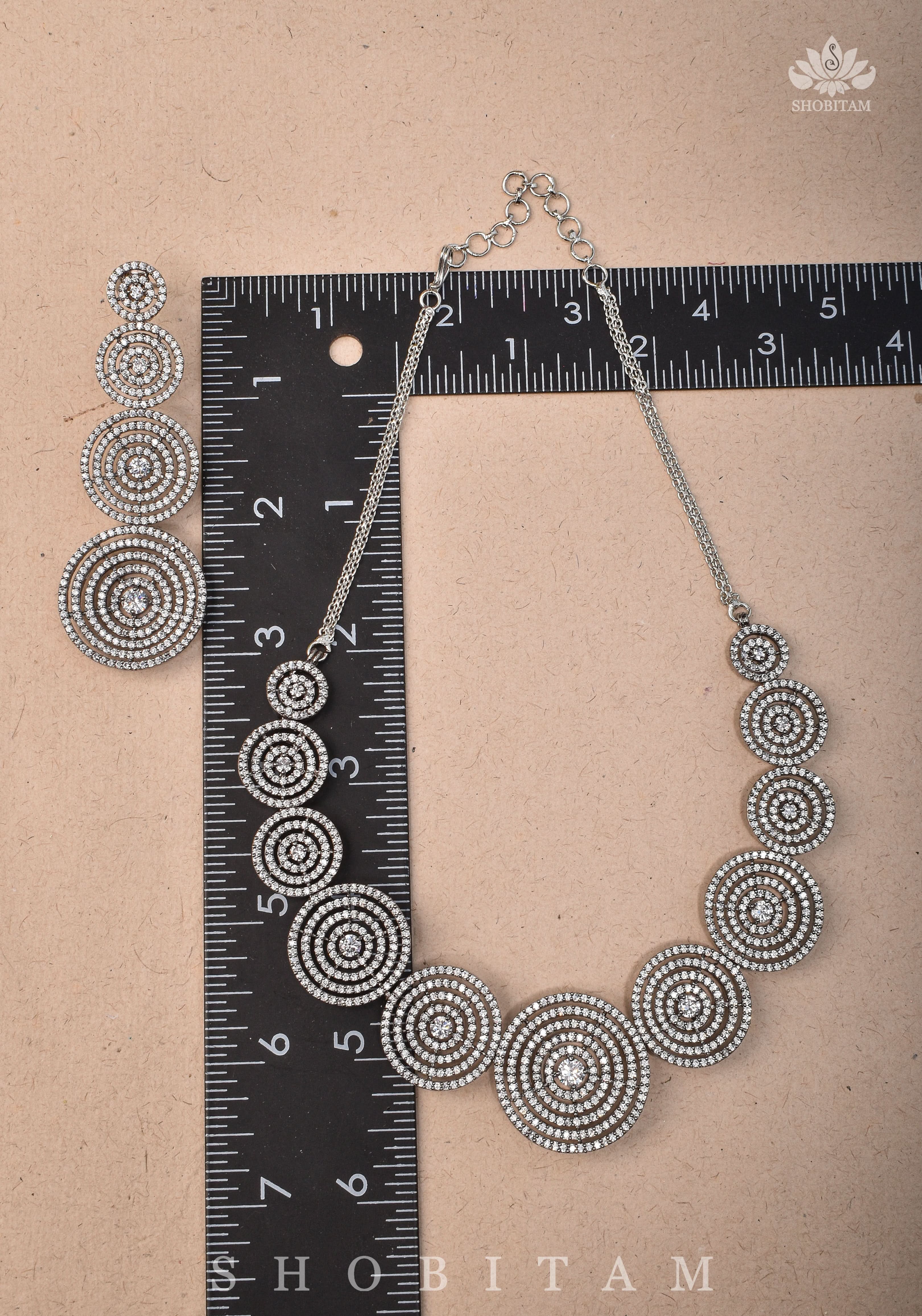 CZ Stone Studded Halo design Necklace Set with 3" Long Earrings | Shobitam Jewelry