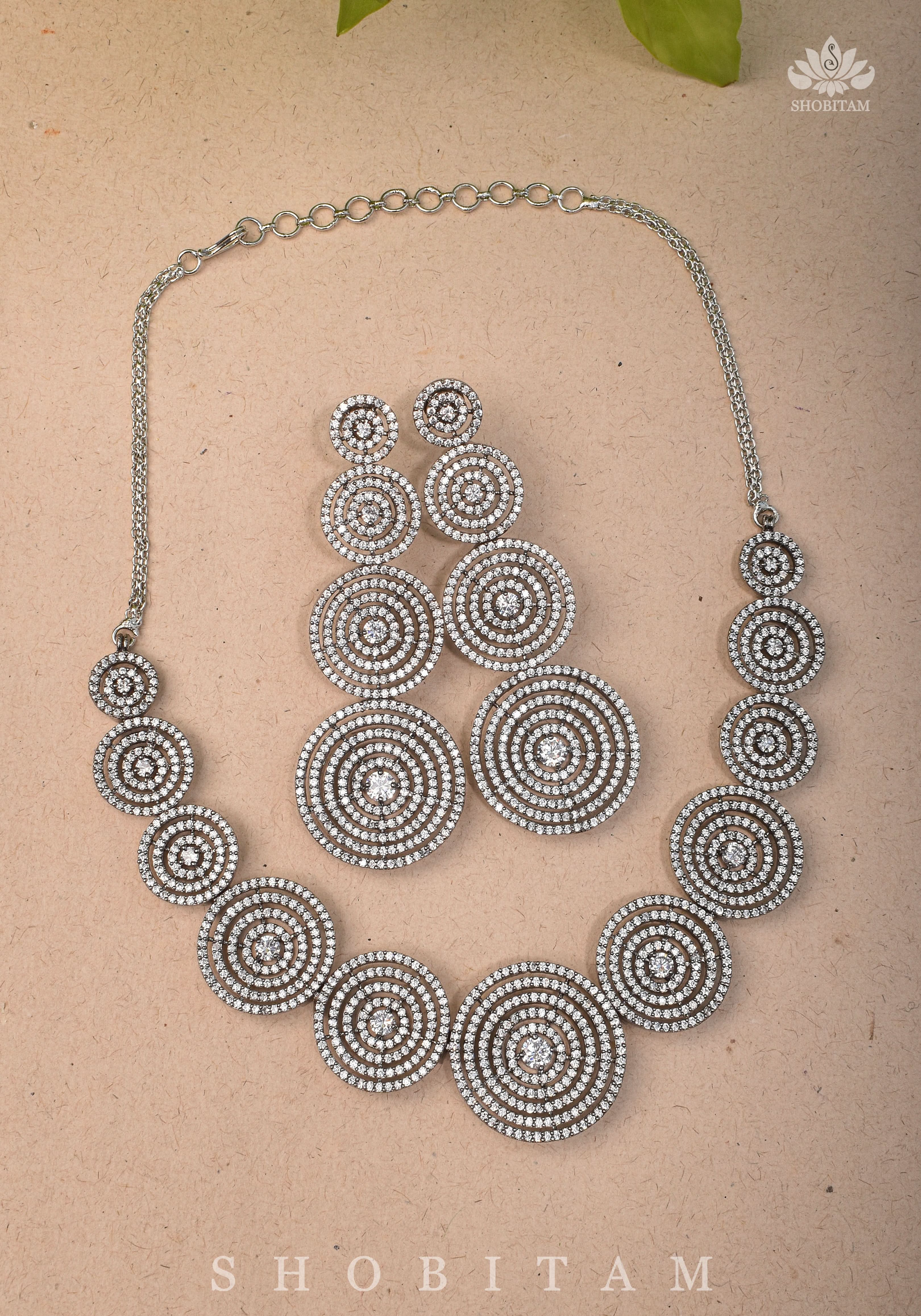 CZ Stone Studded Halo design Necklace Set with 3" Long Earrings | Shobitam Jewelry