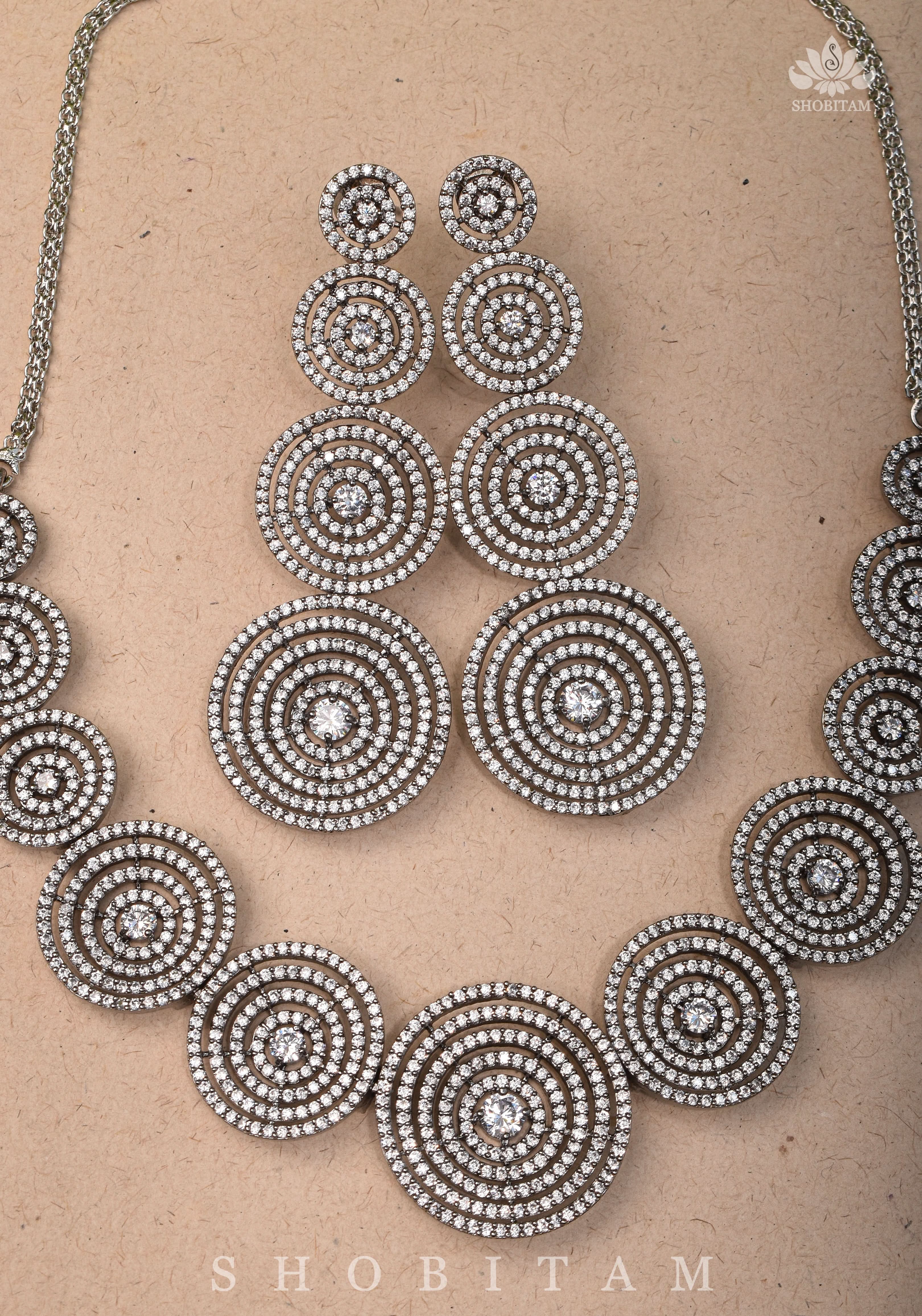 CZ Stone Studded Halo design Necklace Set with 3" Long Earrings | Shobitam Jewelry