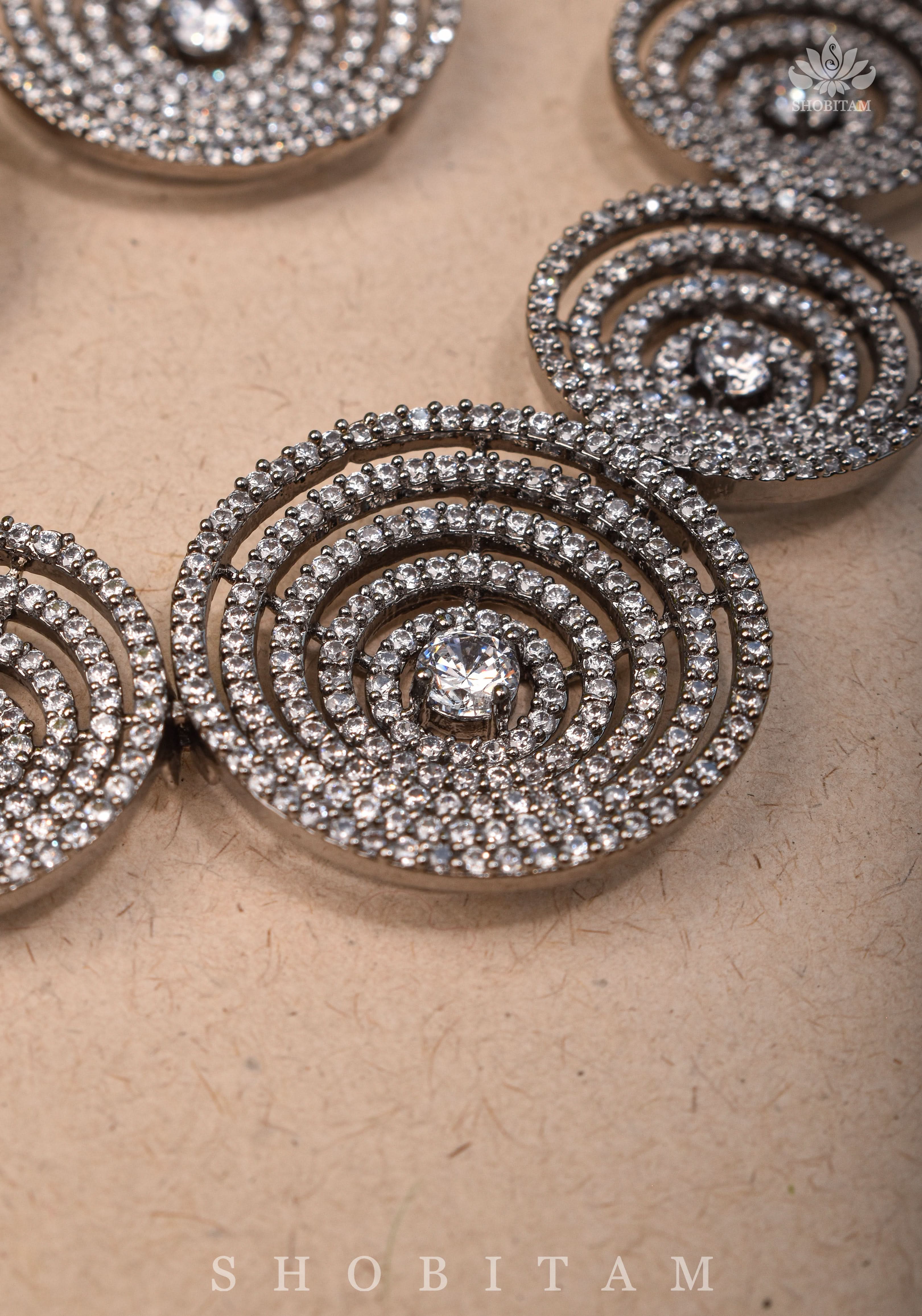 CZ Stone Studded Halo design Necklace Set with 3" Long Earrings | Shobitam Jewelry
