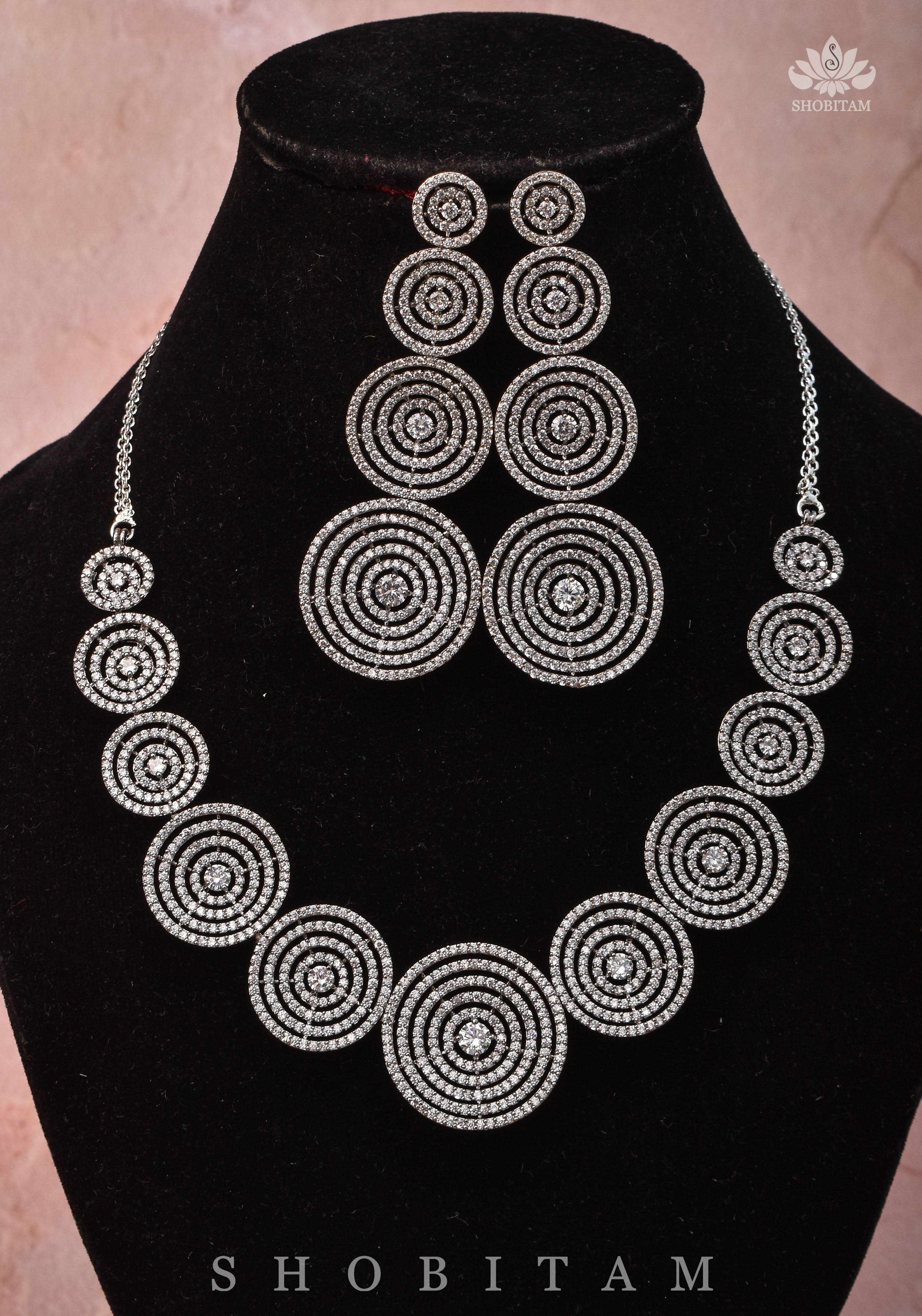 CZ Stone Studded Halo design Necklace Set with 3" Long Earrings | Shobitam Jewelry