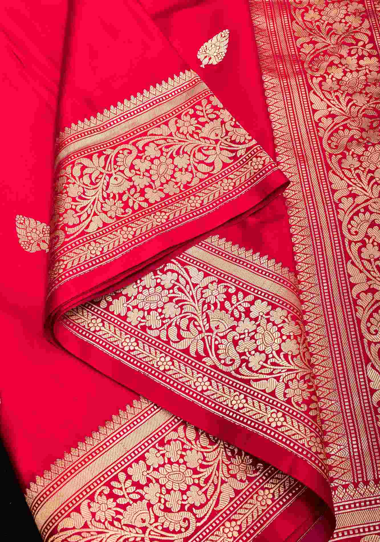 Red Banarasi Mashru Silk Saree with Damask Buttas and Zari Border | SILK MARK CERTIFIED Ready To Wear Saree