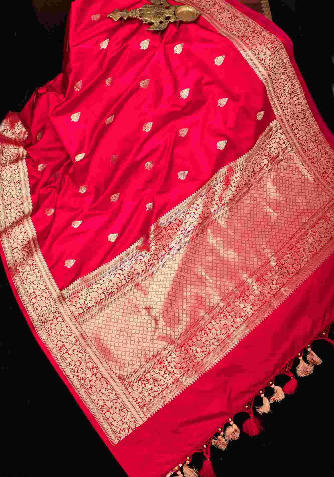 Red Banarasi Mashru Silk Saree with Damask Buttas and Zari Border | SILK MARK CERTIFIED Ready To Wear Saree