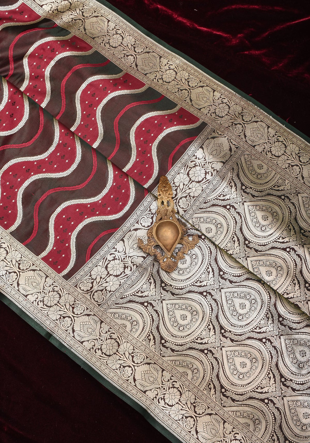 Maroon tone Exquisite Meenakari Vertical Wavy curve zari lines Semi Silk Saree and zari border | SHOBITAM