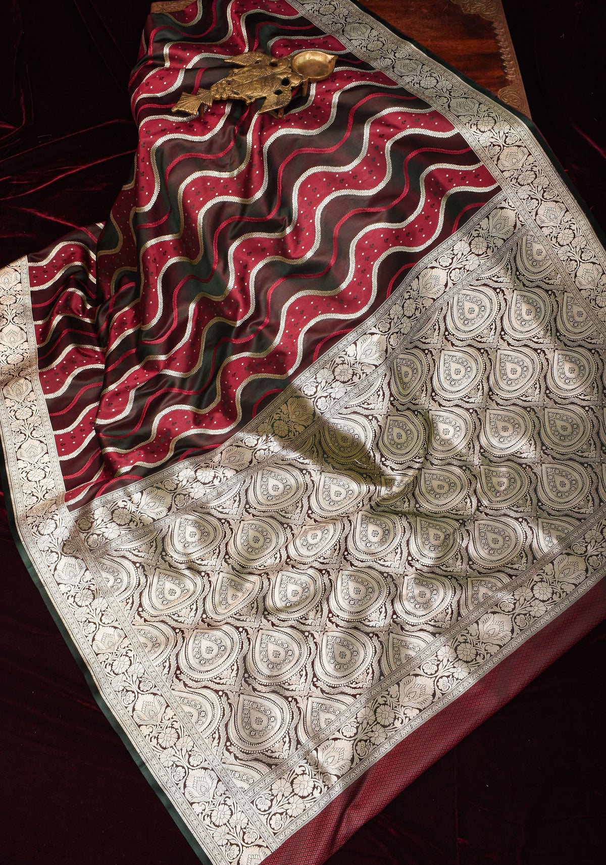 Maroon tone Exquisite Meenakari Vertical Wavy curve zari lines Semi Silk Saree and zari border | SHOBITAM