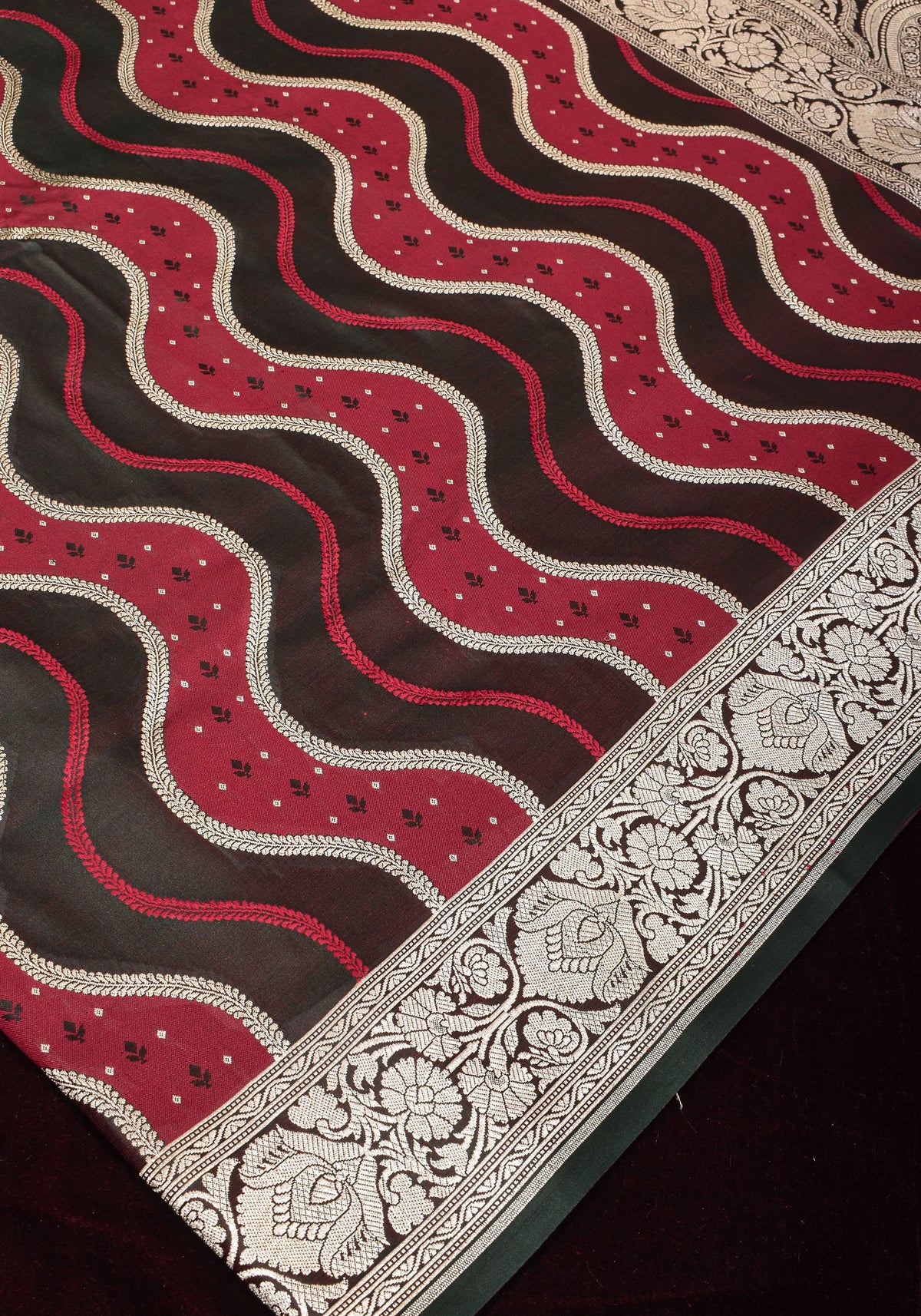 Maroon tone Exquisite Meenakari Vertical Wavy curve zari lines Semi Silk Saree and zari border | SHOBITAM