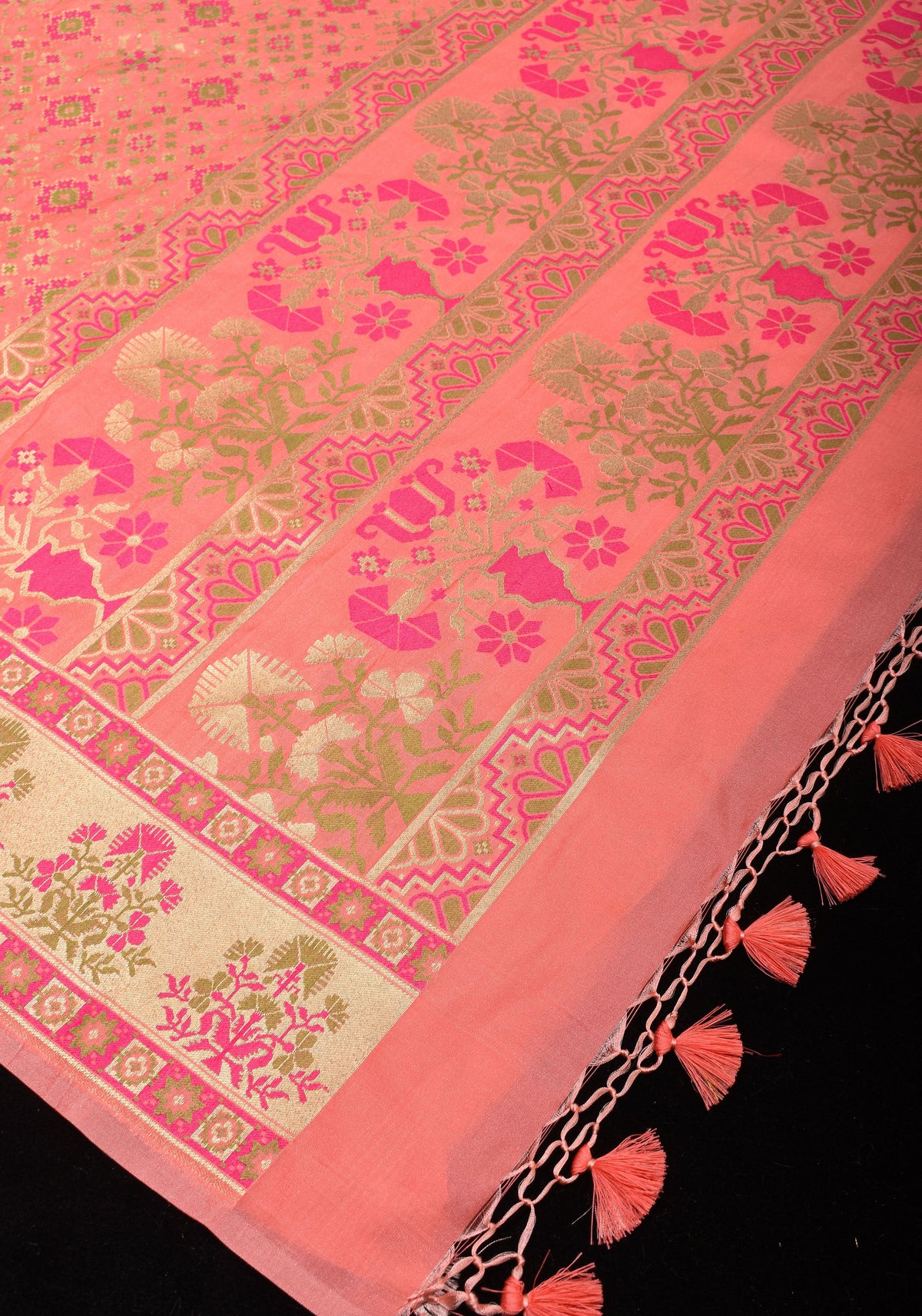 Exquisite Coral Pink Semi Silk Saree with Patola Ikkat Meenakari Zari Border and Pallu | SHOBITAM