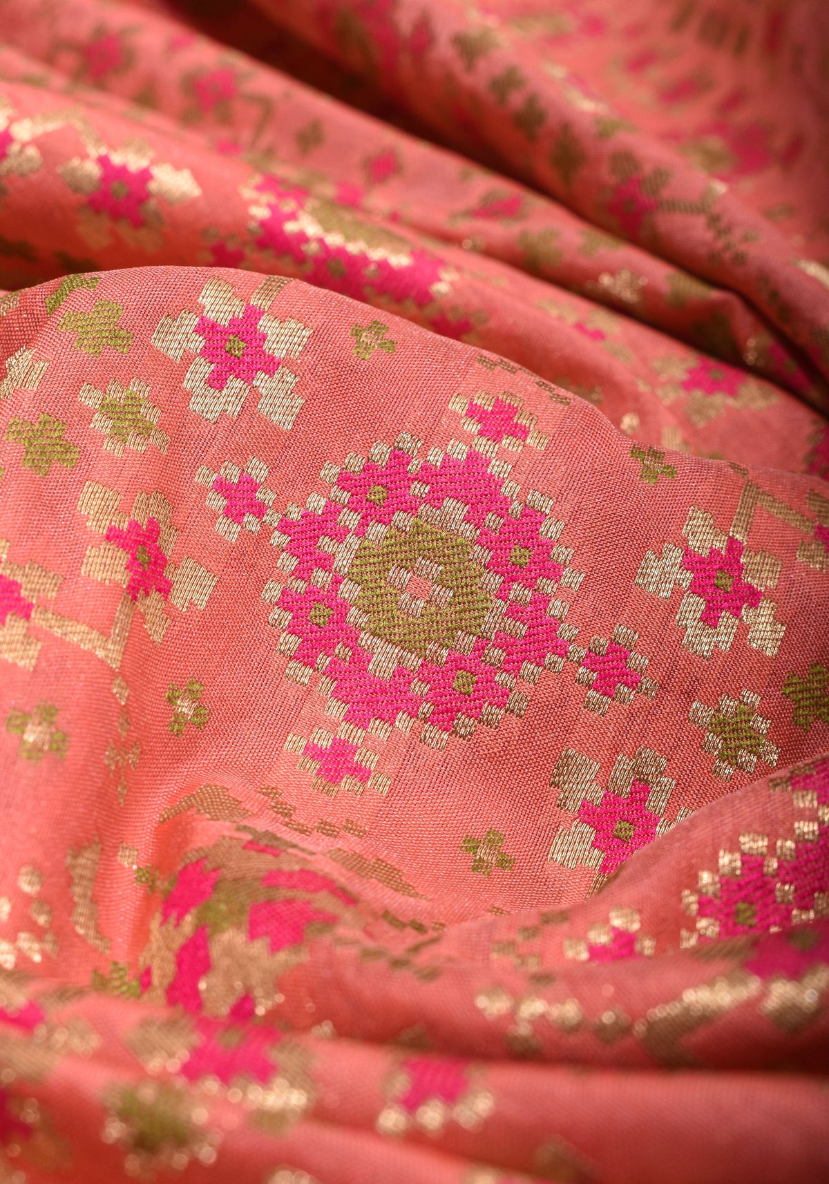 Exquisite Coral Pink Semi Silk Saree with Patola Ikkat Meenakari Zari Border and Pallu | SHOBITAM