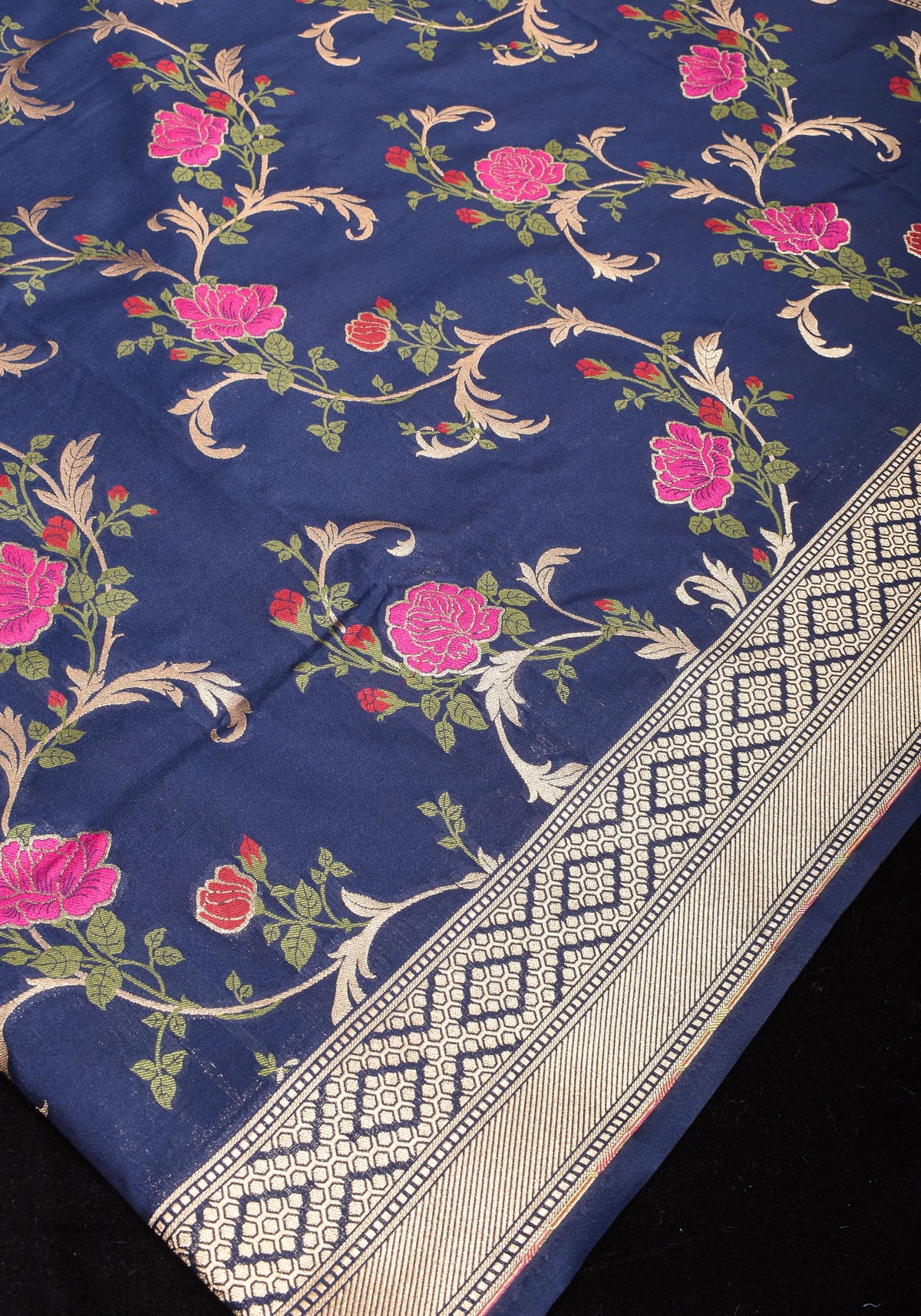 Space Cadet tone Exquisite Meenakari Rose Jaal Semi Silk Saree and zari border | SHOBITAM