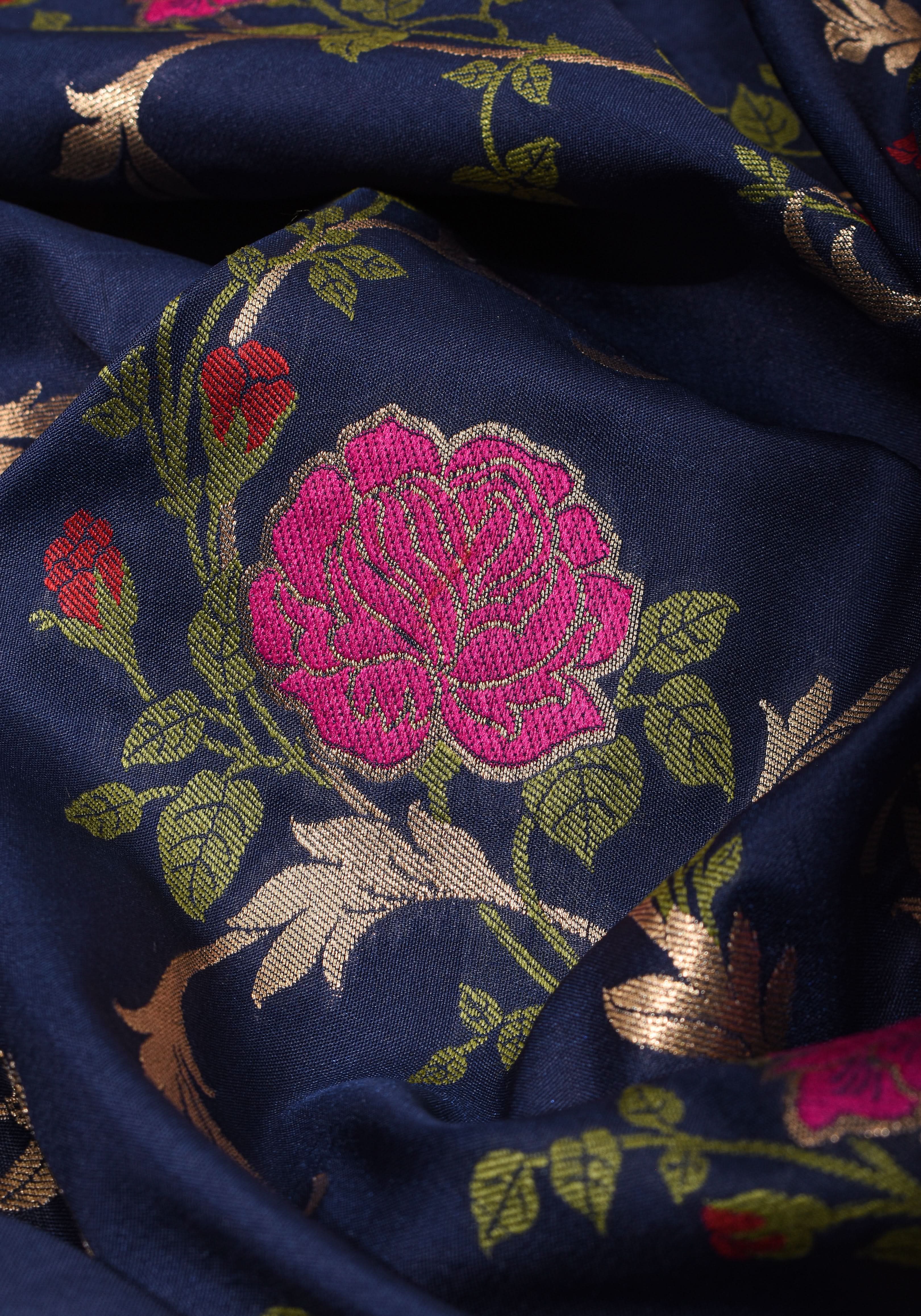 Space Cadet tone Exquisite Meenakari Rose Jaal Semi Silk Saree and zari border | Shobitam