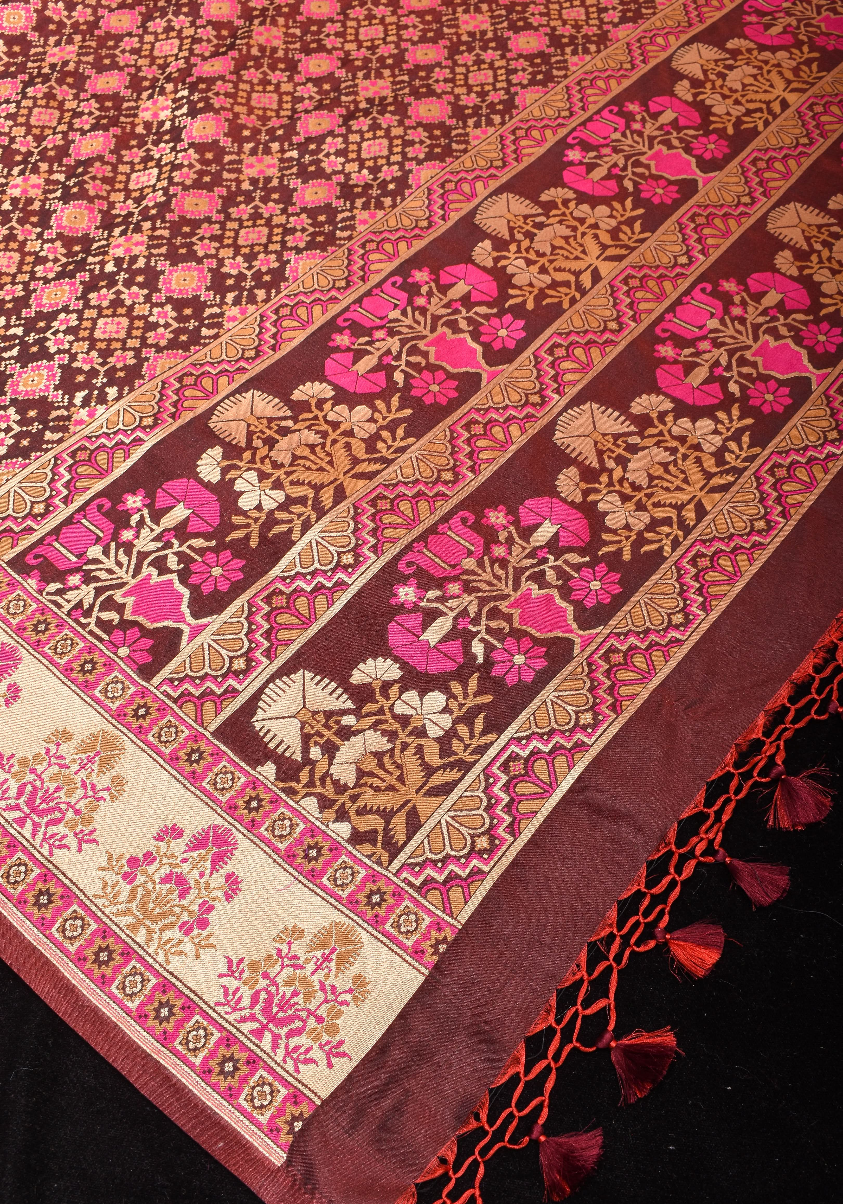 Exquisite Brown Semi Silk Saree with Patola Ikkat Meenakari Zari Border and Pallu | Shobitam