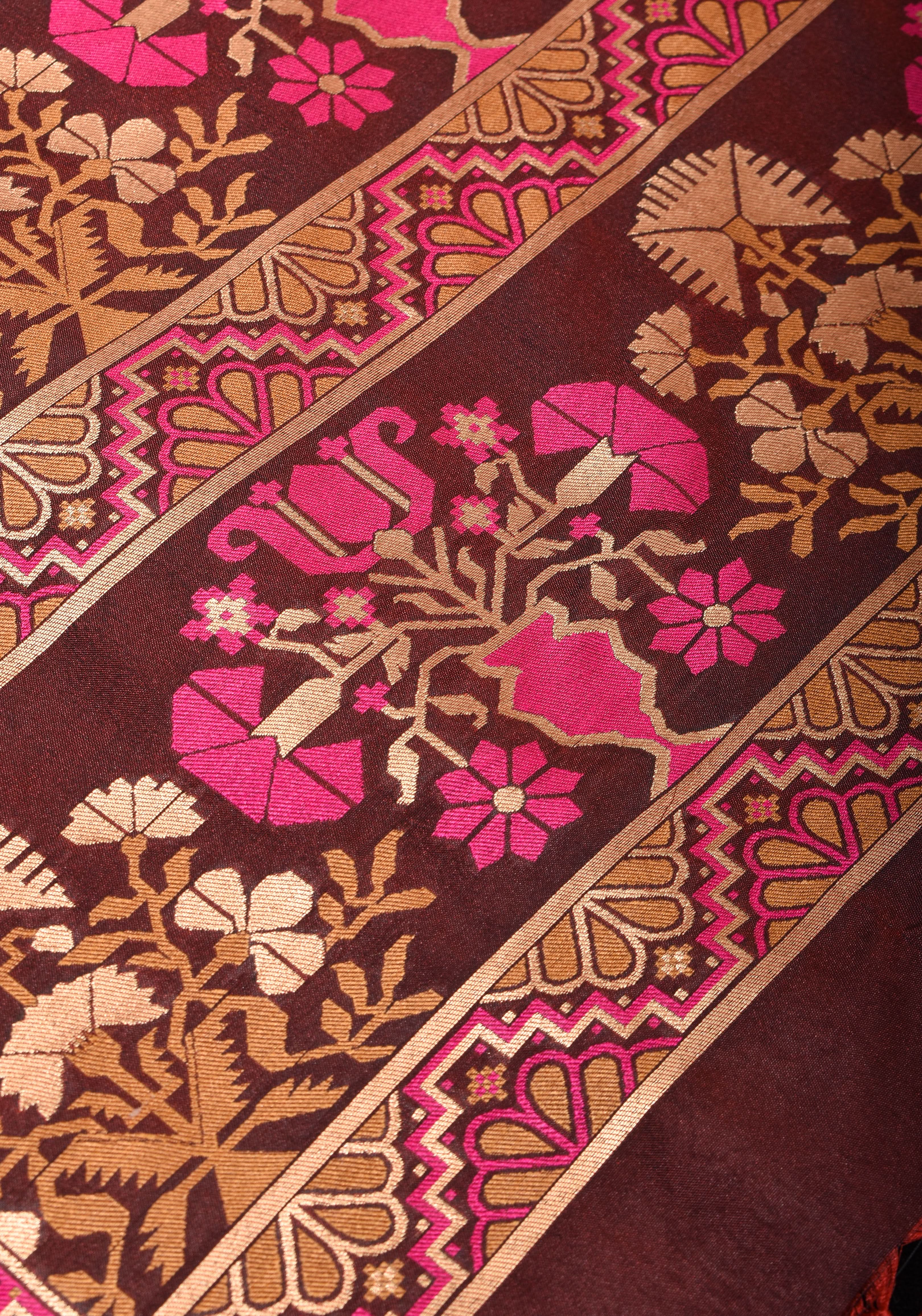 Exquisite Brown Semi Silk Saree with Patola Ikkat Meenakari Zari Border and Pallu | Shobitam