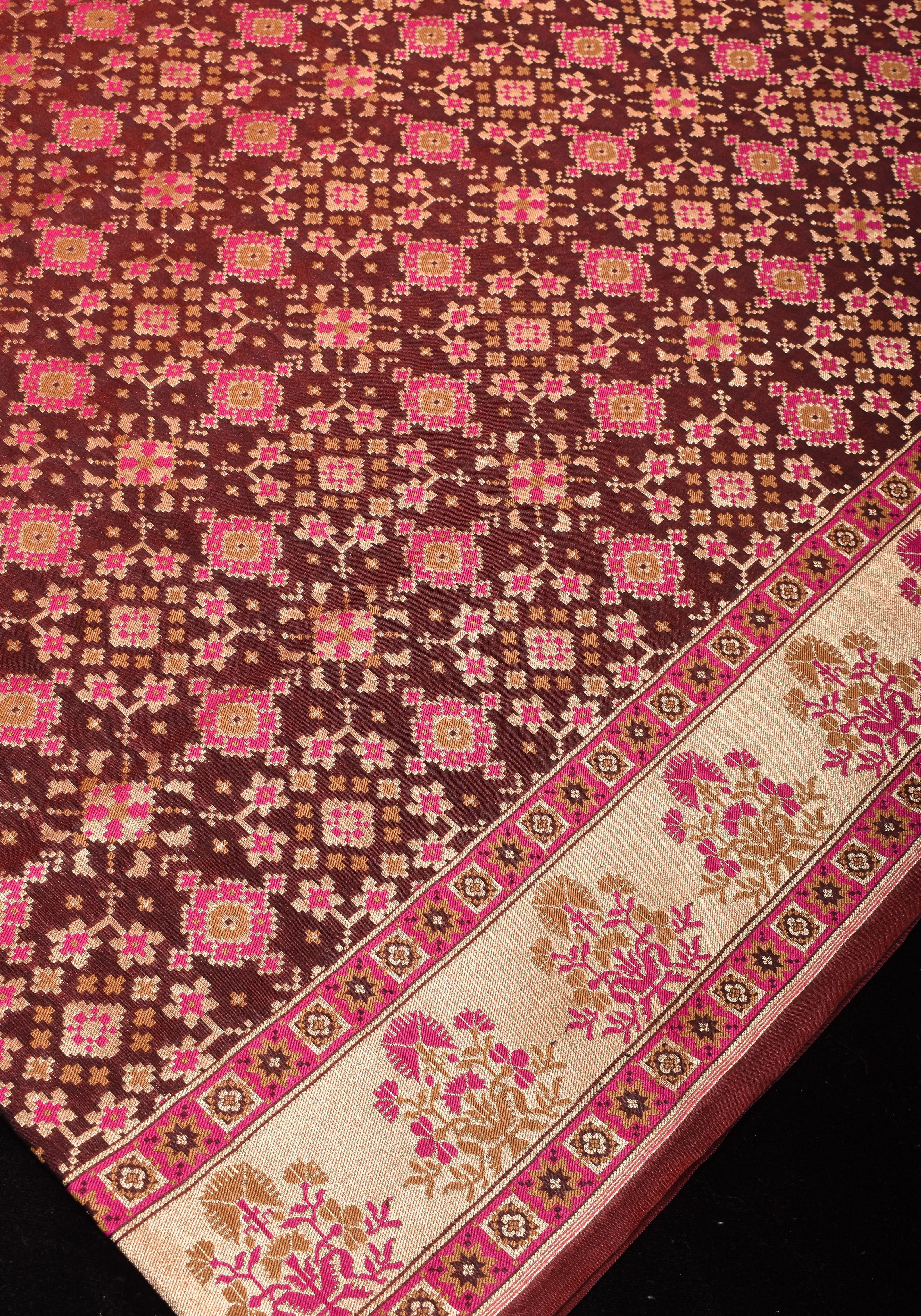 Exquisite Brown Semi Silk Saree with Patola Ikkat Meenakari Zari Border and Pallu | Shobitam