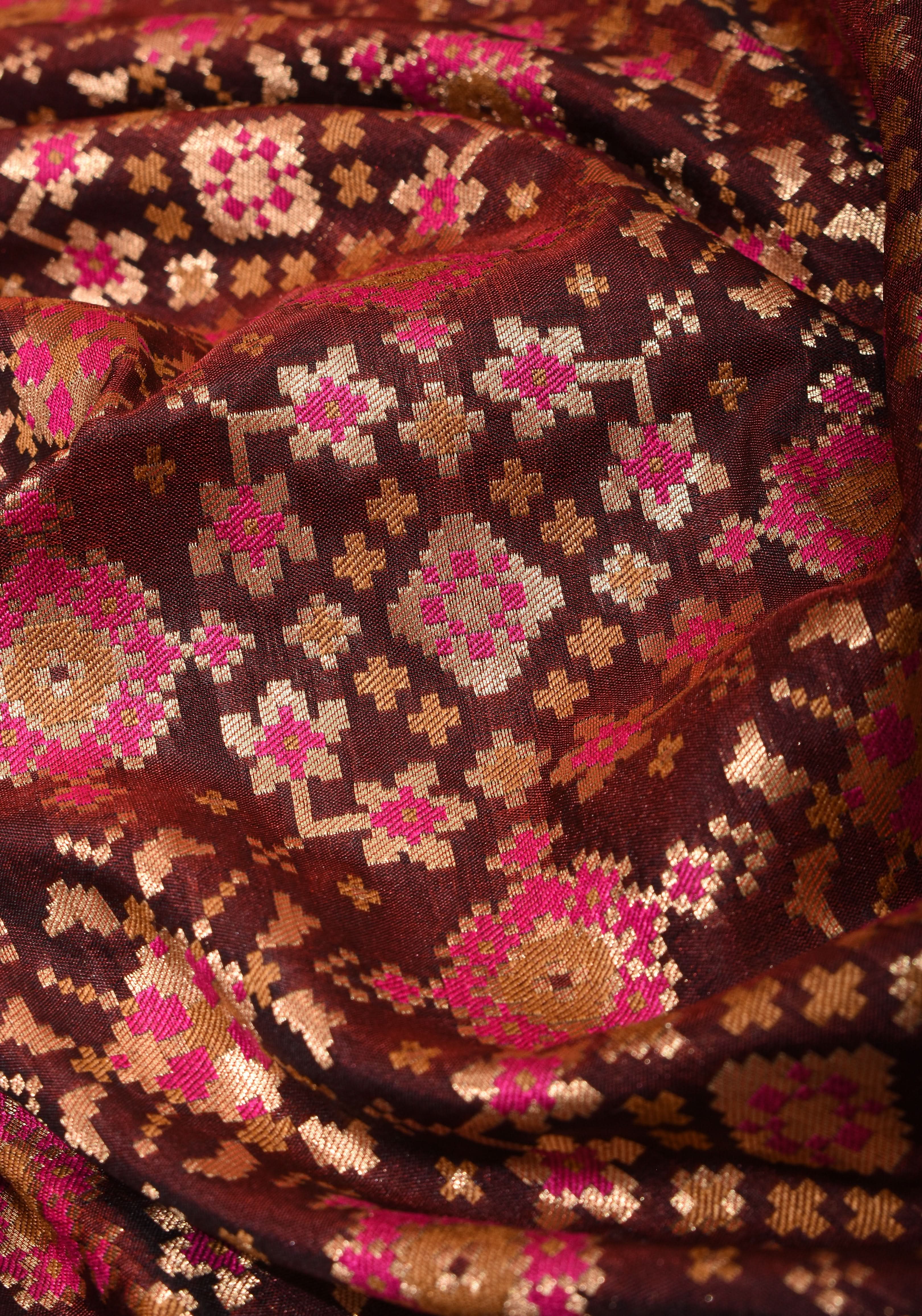 Exquisite Brown Semi Silk Saree with Patola Ikkat Meenakari Zari Border and Pallu | Shobitam