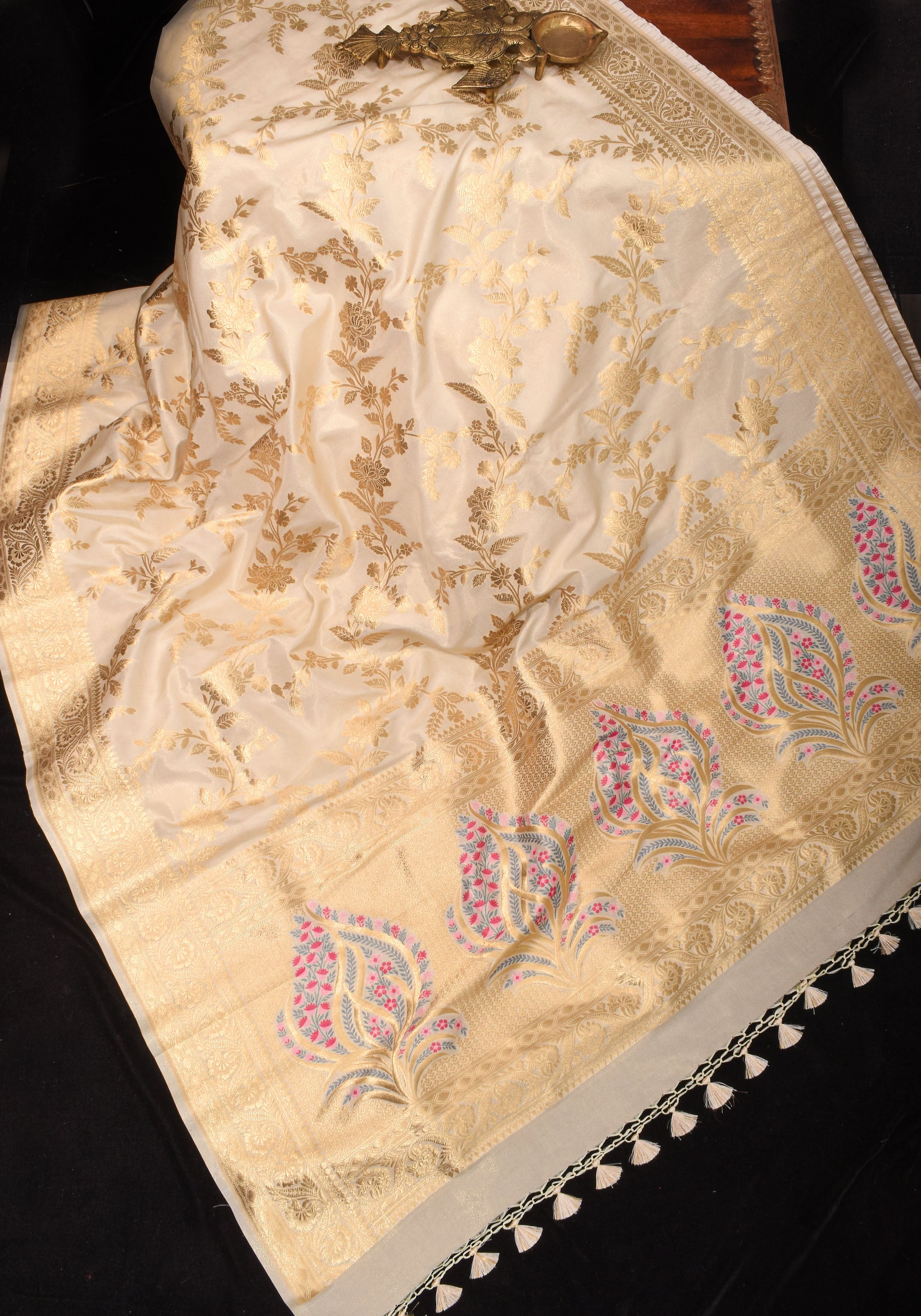 Ivory Tissue Semi silk saree with leheria Zari Floral vine Pattern and Meenakari Zari Pallu | SHOBITAM