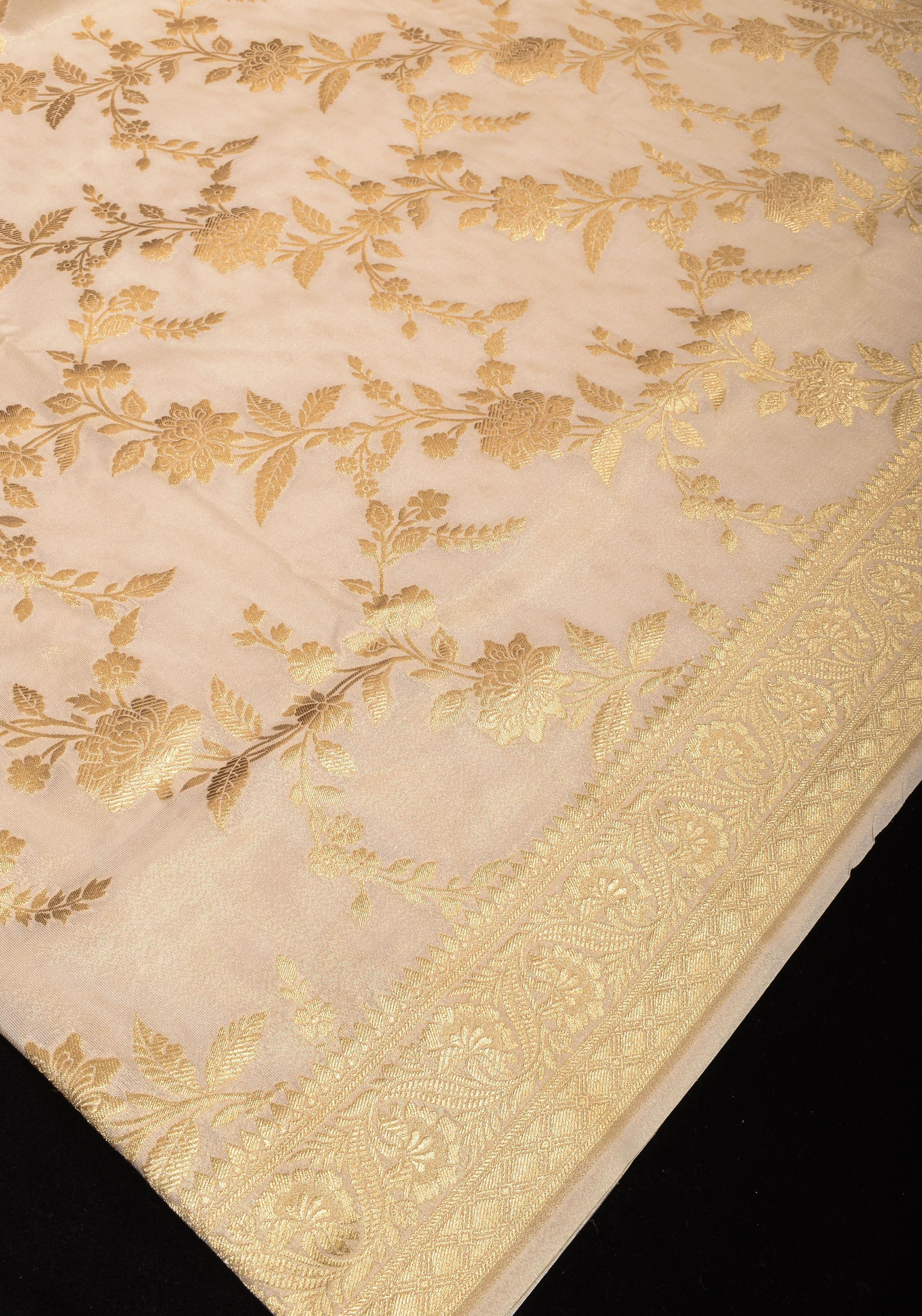 Ivory Tissue Semi silk saree with leheria Zari Floral vine Pattern and Meenakari Zari Pallu | SHOBITAM