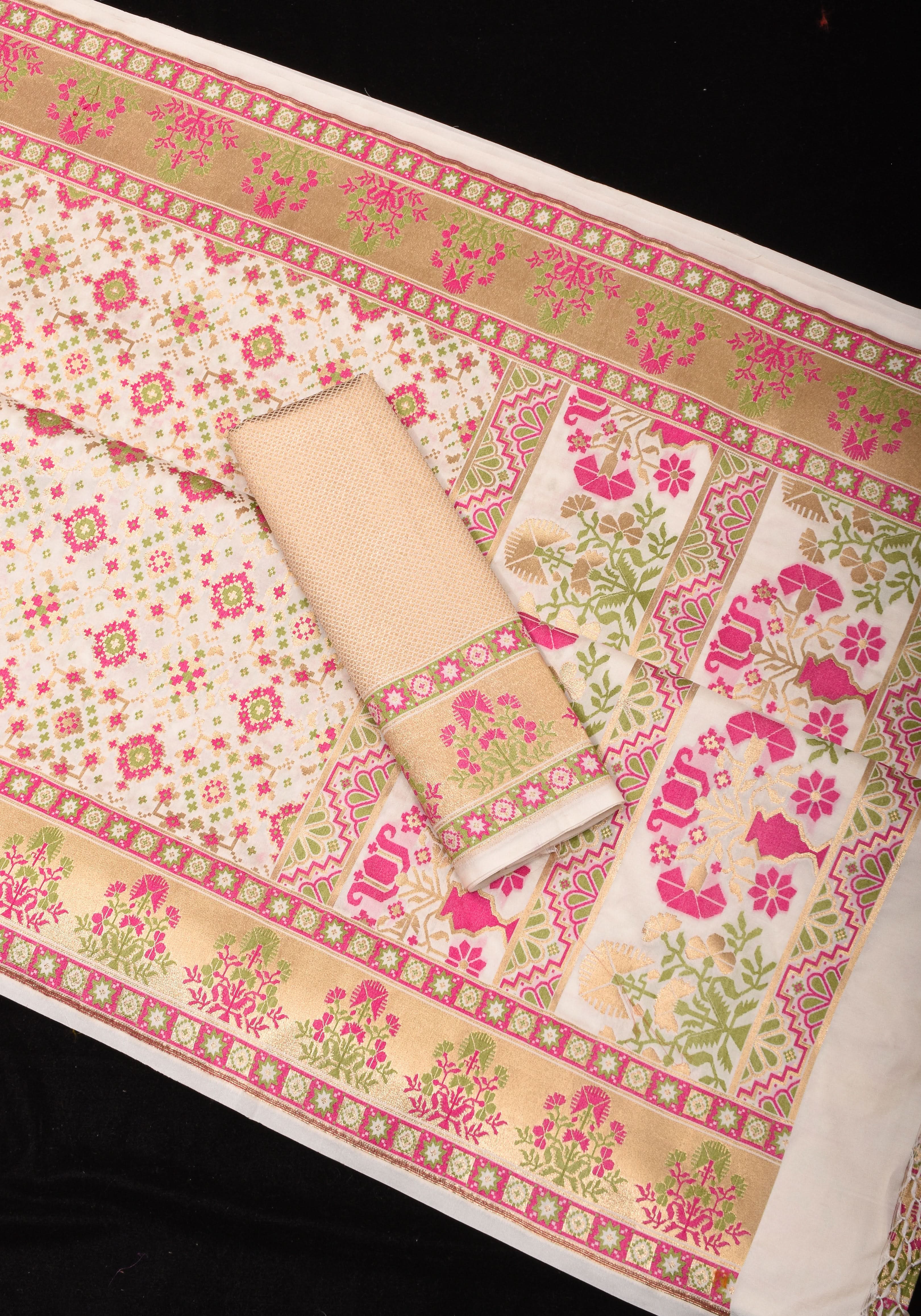 Exquisite Off White Semi Silk Saree with Patola Meenakari Jaal and Zari Borders | Shobitam