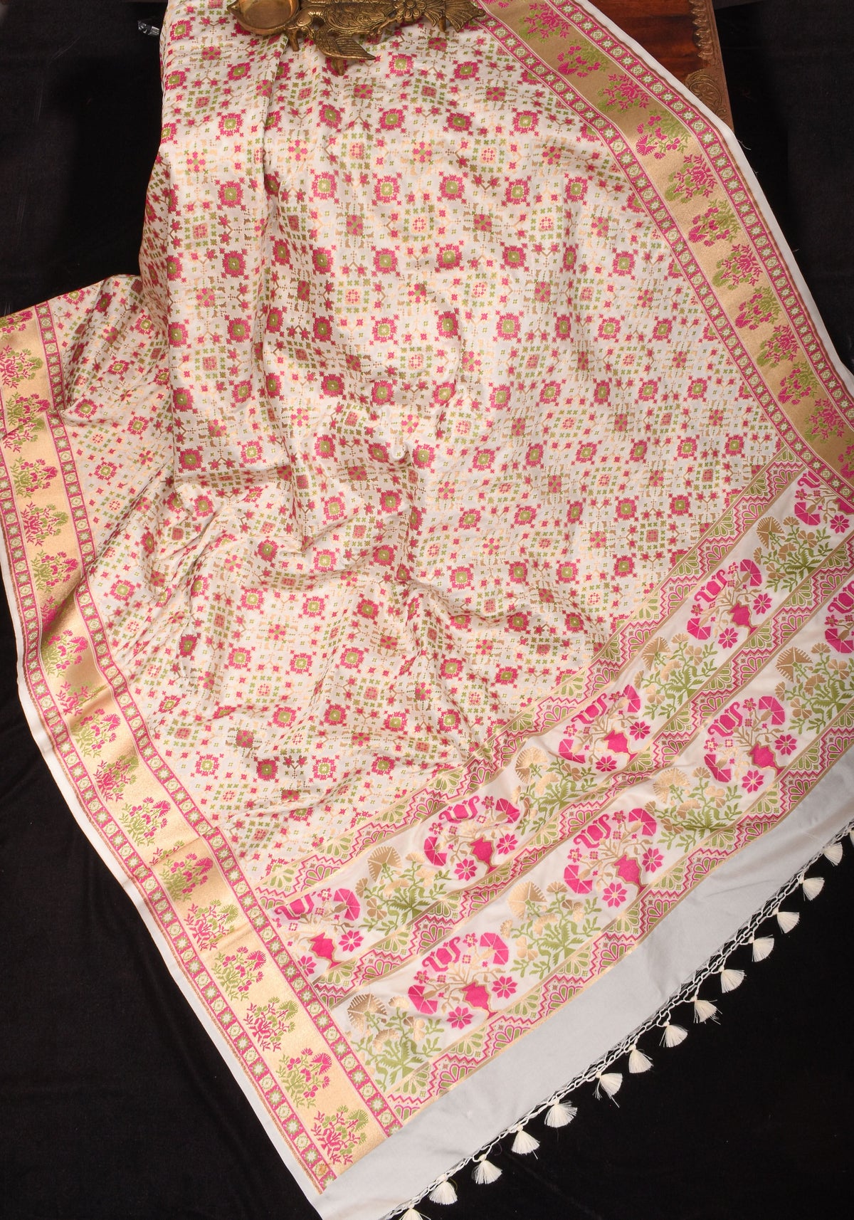 Exquisite Off White Semi Silk Saree with Patola Meenakari Jaal and Zari Borders | SHOBITAM