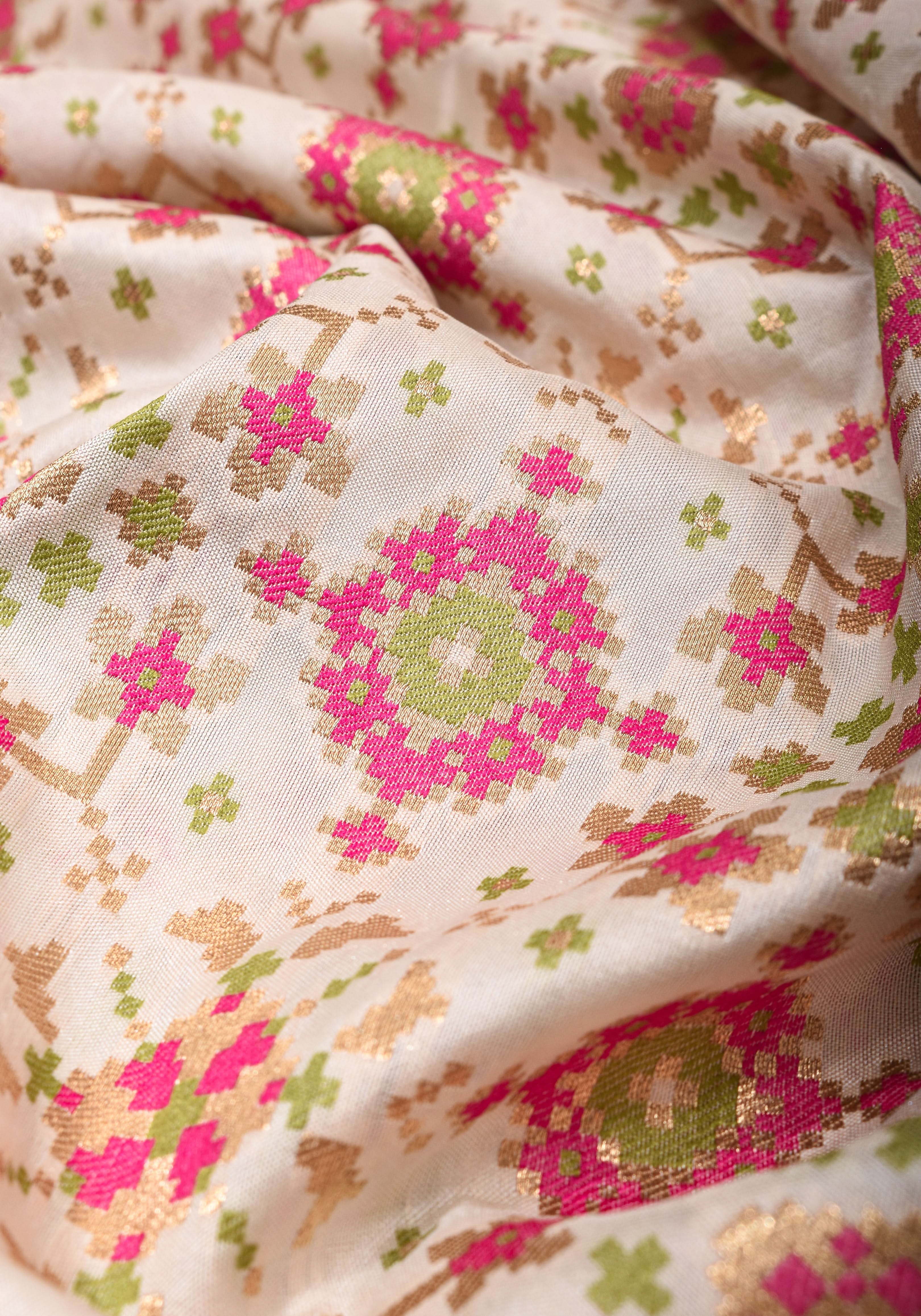 Exquisite Off White Semi Silk Saree with Patola Meenakari Jaal and Zari Borders | Shobitam