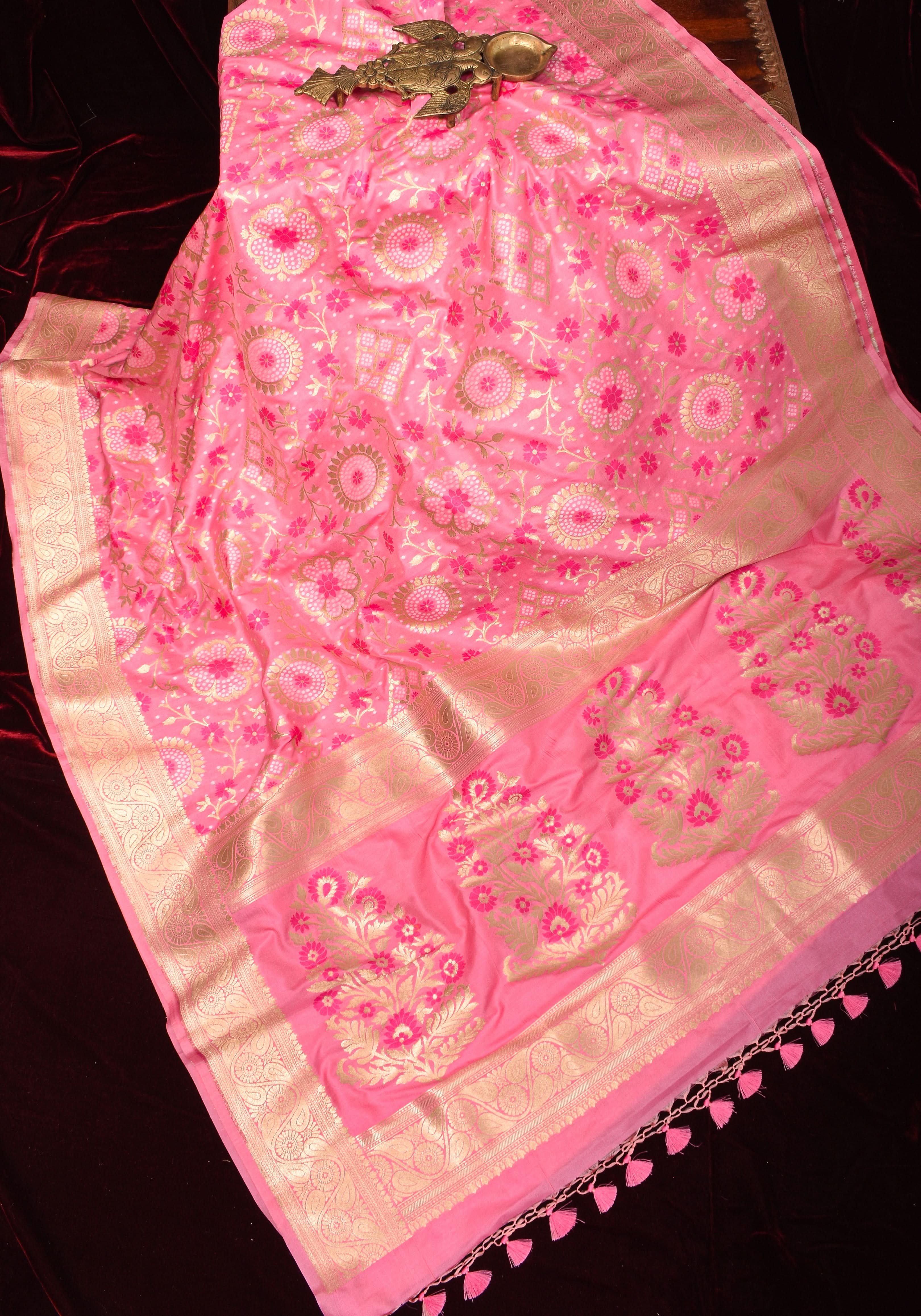 Exquisite Pink Semi Silk Saree with Floral jaal Meenakari Body Zari Border and Pallu | Shobitam