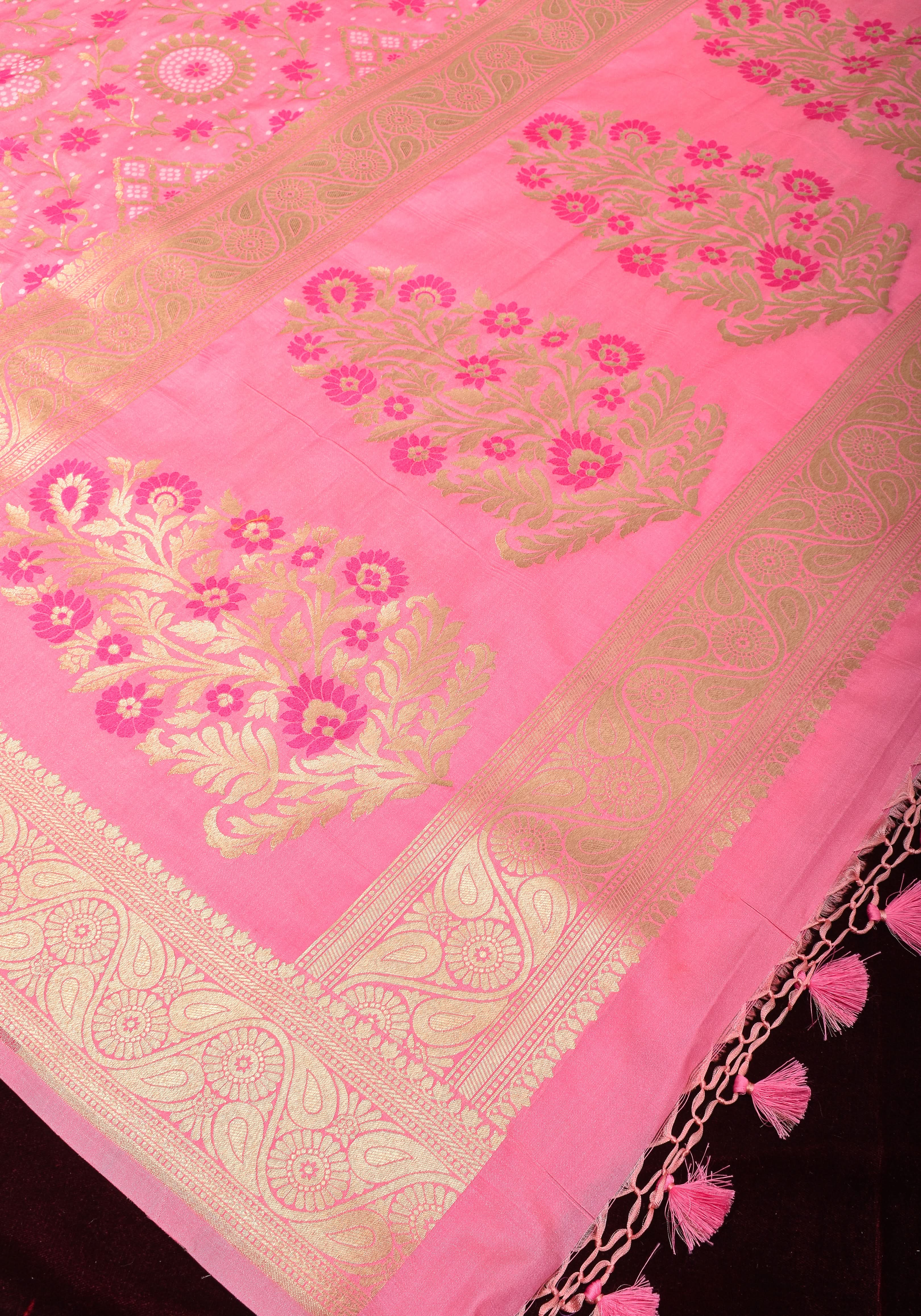 Exquisite Pink Semi Silk Saree with Floral jaal Meenakari Body Zari Border and Pallu | Shobitam