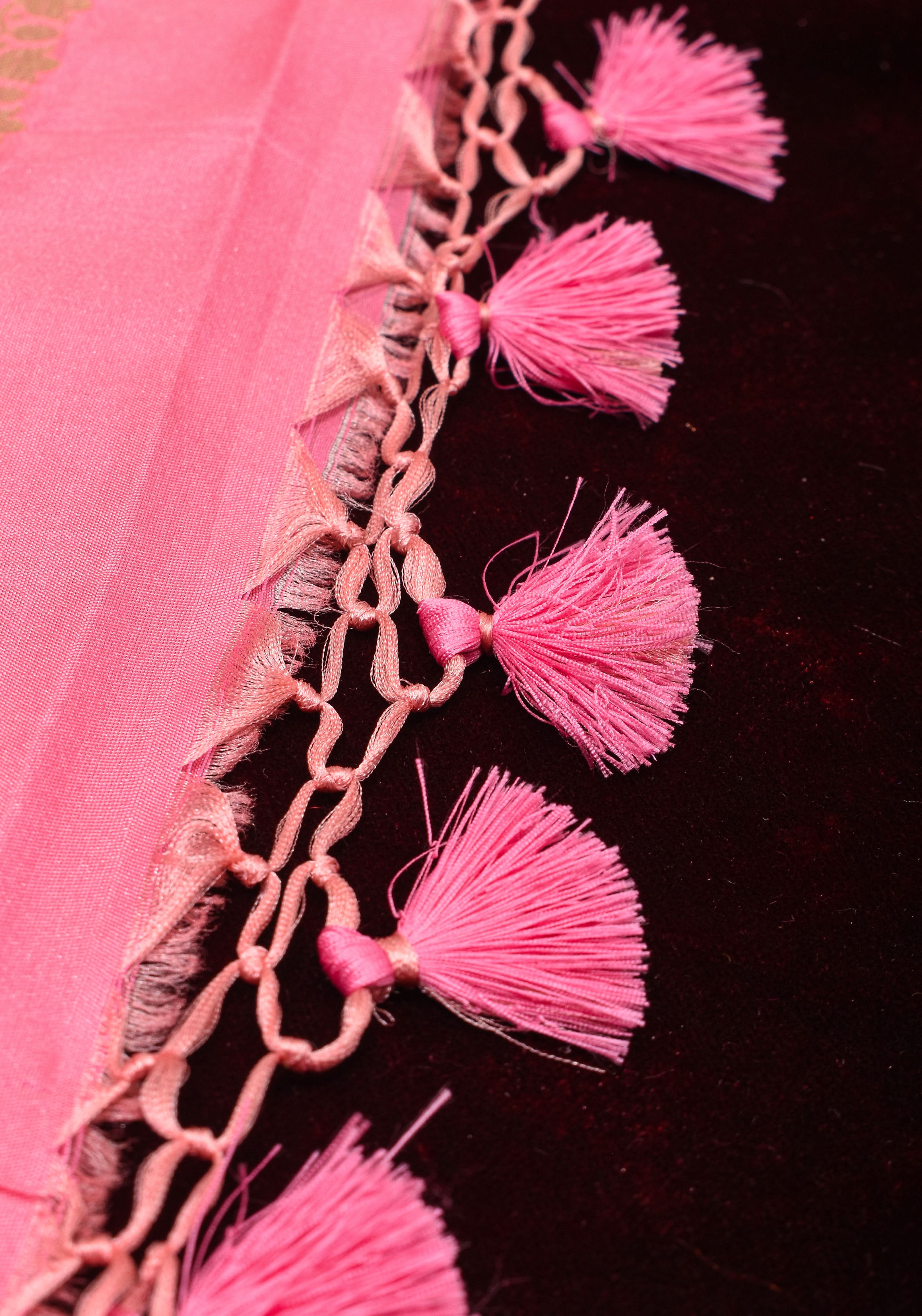 Exquisite Pink Semi Silk Saree with Floral jaal Meenakari Body Zari Border and Pallu | Shobitam