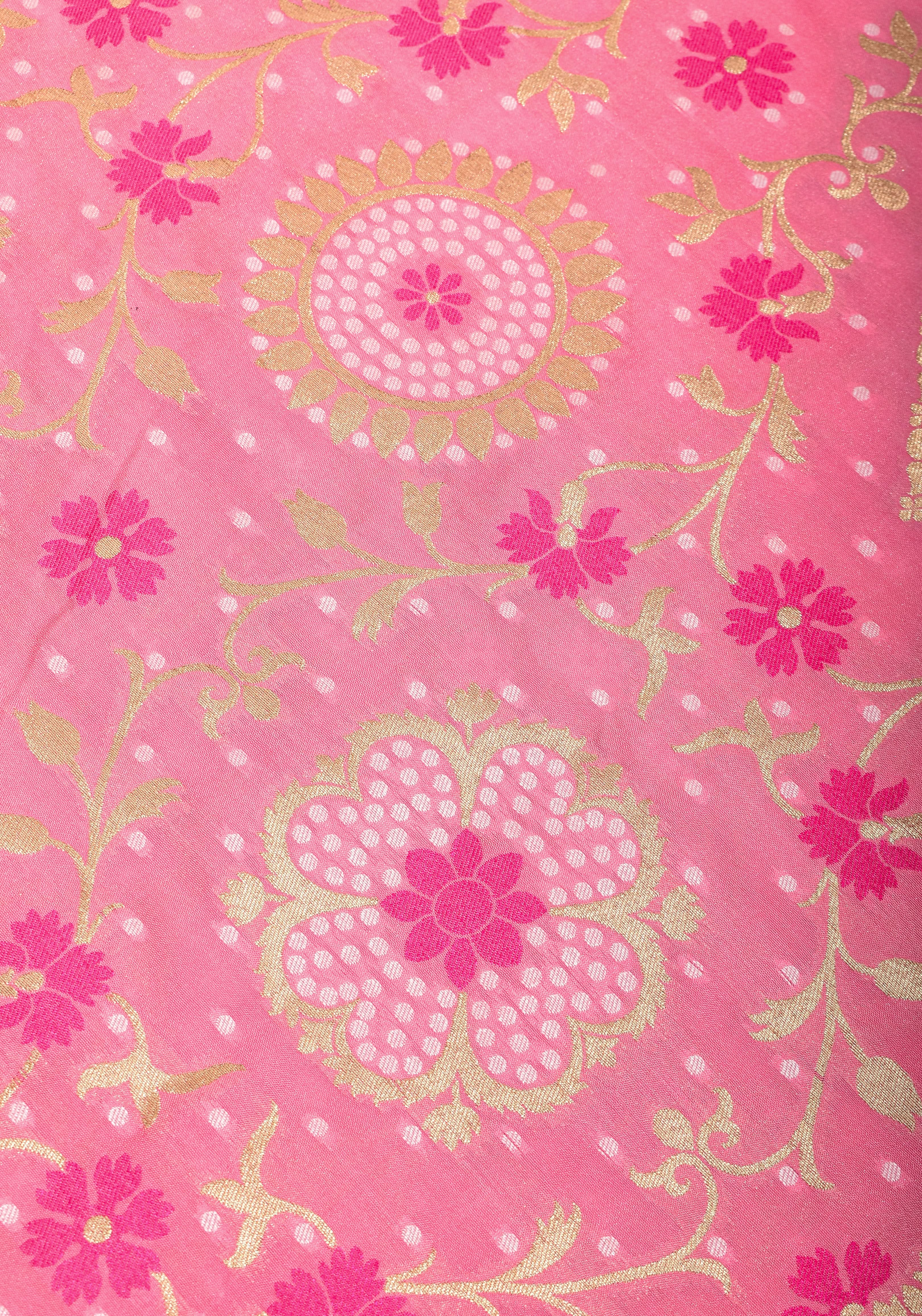 Exquisite Pink Semi Silk Saree with Floral jaal Meenakari Body Zari Border and Pallu | Shobitam