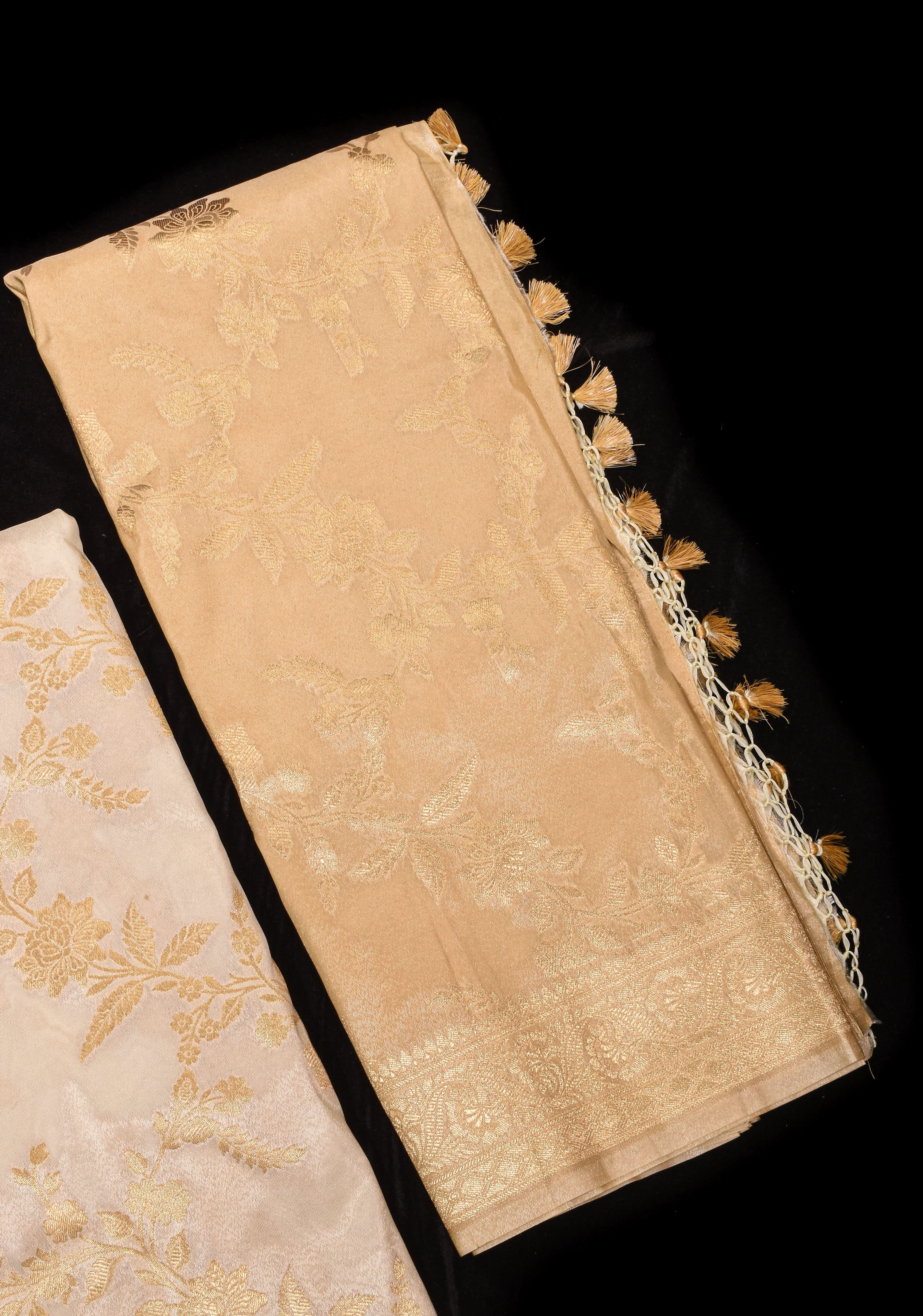 Ivory Tissue Semi silk saree with leheria Zari Floral vine Pattern and Meenakari Zari Pallu | SHOBITAM