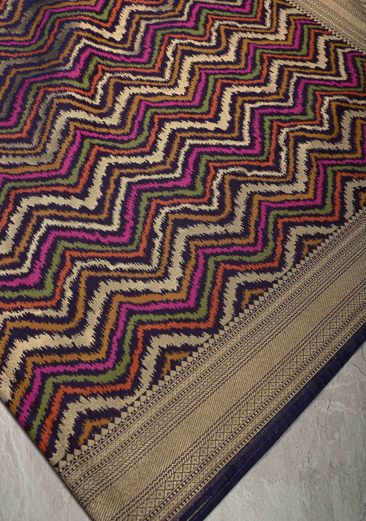 Multicolor Semi Silk Saree with Chevron Design and Zari Border | SHOBITAM