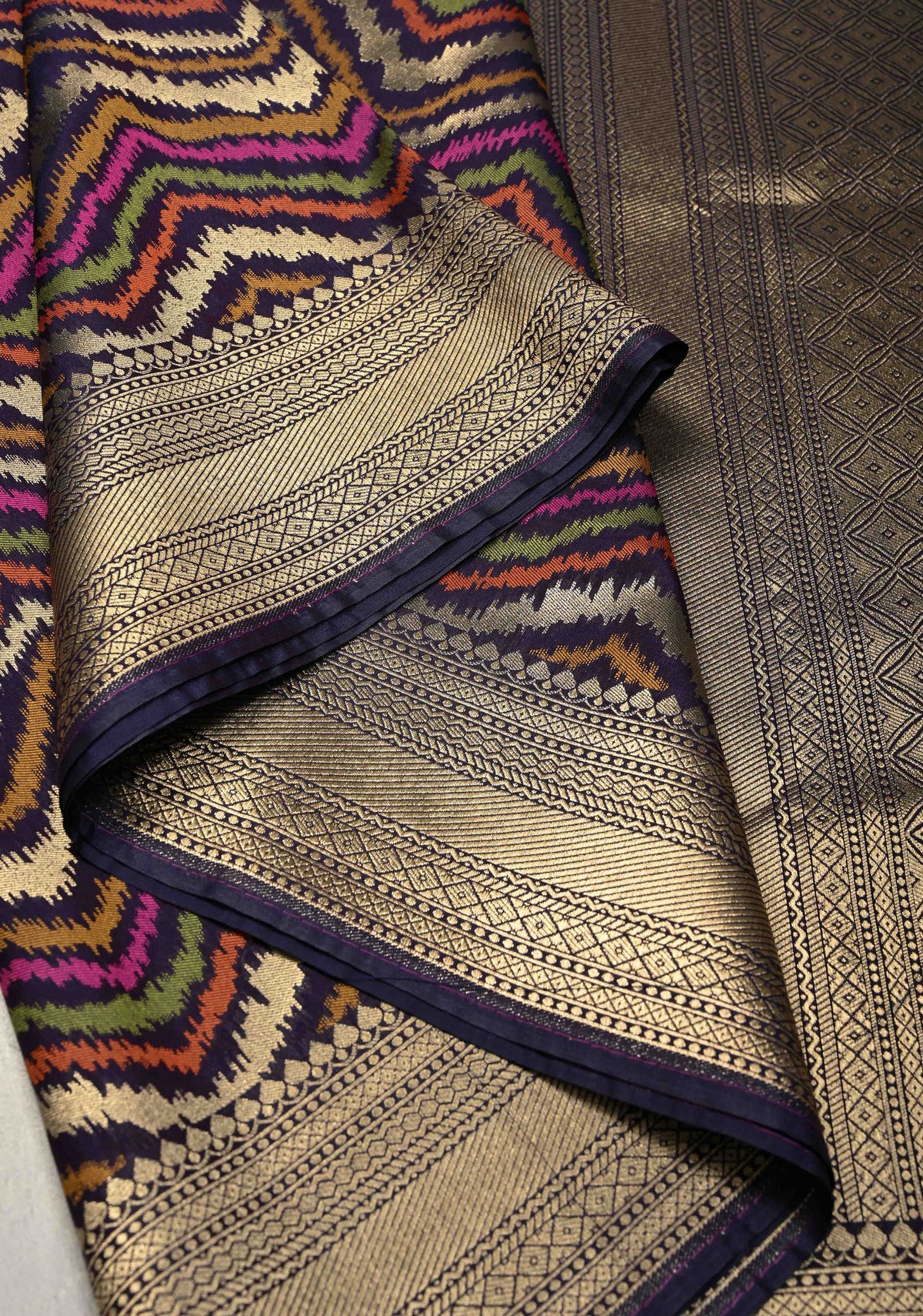 Multicolor Semi Silk Saree with Chevron Design and Zari Border | SHOBITAM