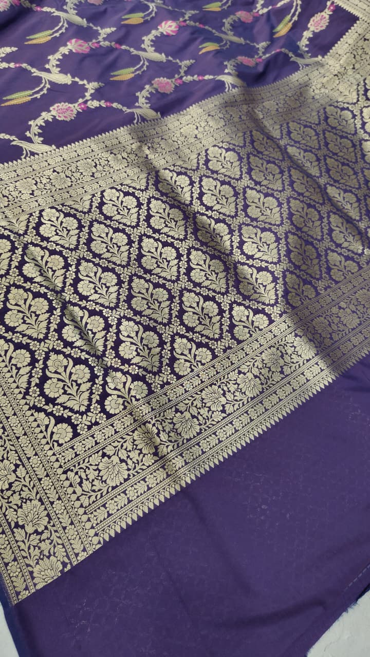 Egg Plant Purple Semi Silk Saree with Meenakari Floral Jall and Zari Border | Shobitam