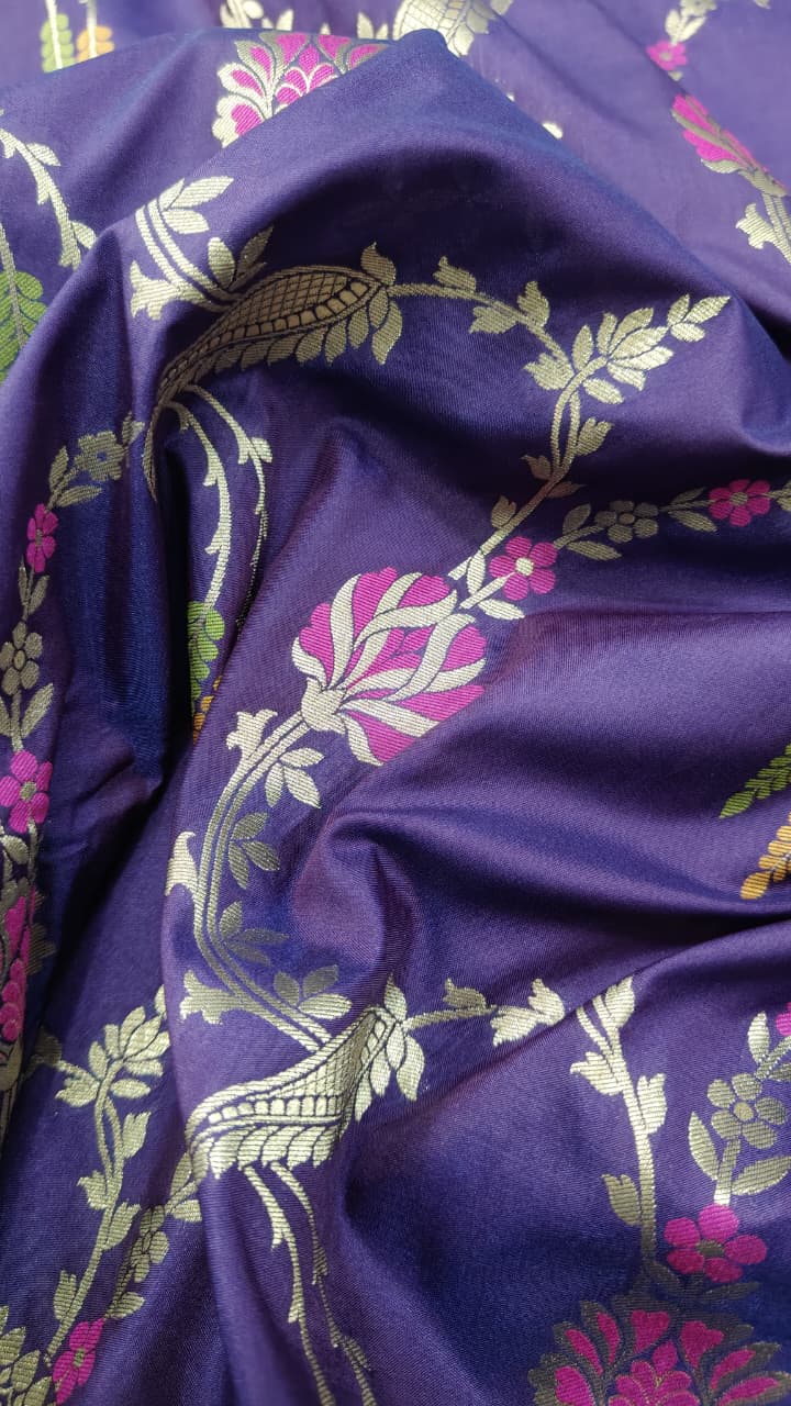 Egg Plant Purple Semi Silk Saree with Meenakari Floral Jall and Zari Border | Shobitam