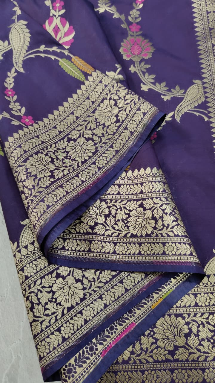 Egg Plant Purple Semi Silk Saree with Meenakari Floral Jall and Zari Border | Shobitam