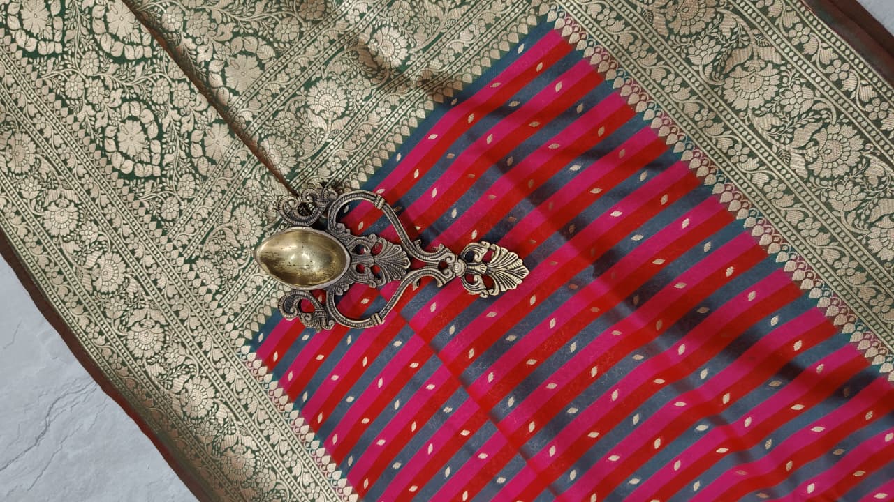 Multicolor Semi Silk Saree with Stripes Pattern-Zari Buttis and Zari Border | Shobitam