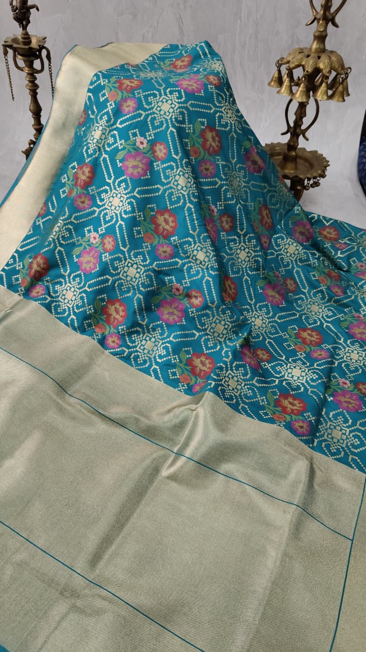 Green Semi Silk Saree with Meenakari Floral Jaal and Zari Border | Shobitam