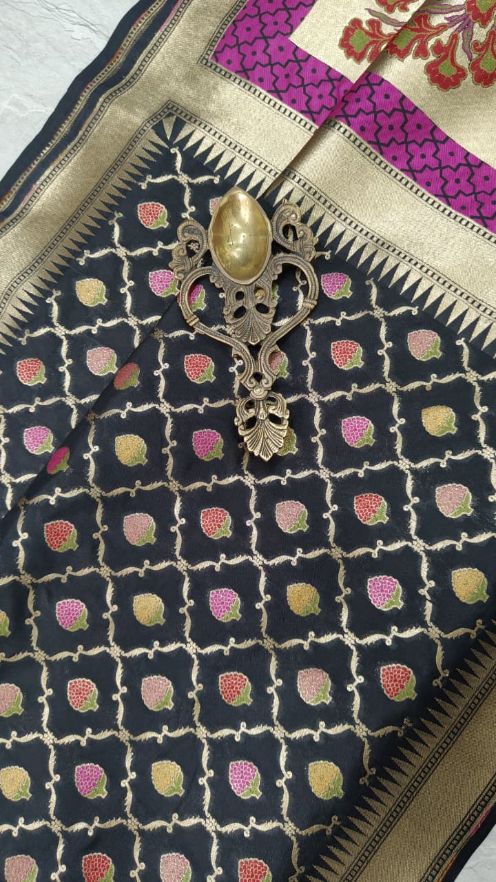 Black Semi Silk Saree with Meenakari Buttas Trellis Jaal and Zari Border | Shobitam