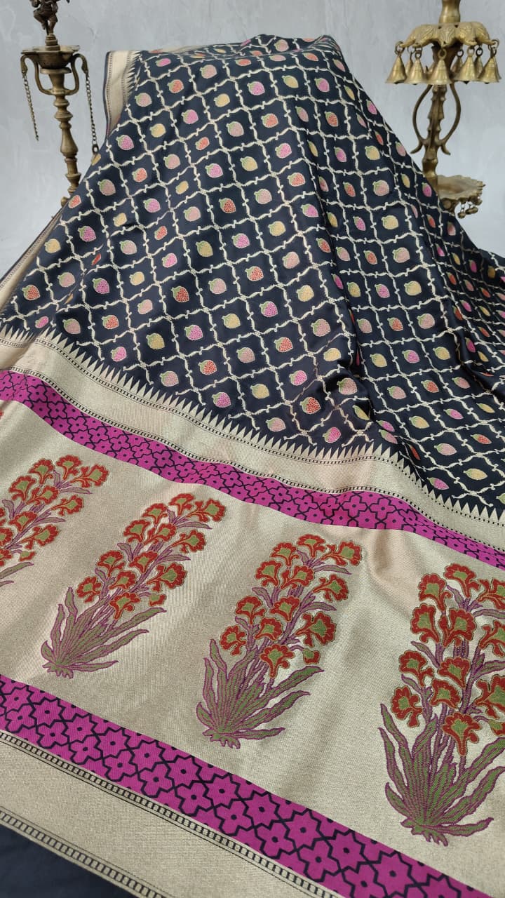 Black Semi Silk Saree with Meenakari Buttas Trellis Jaal and Zari Border | Shobitam