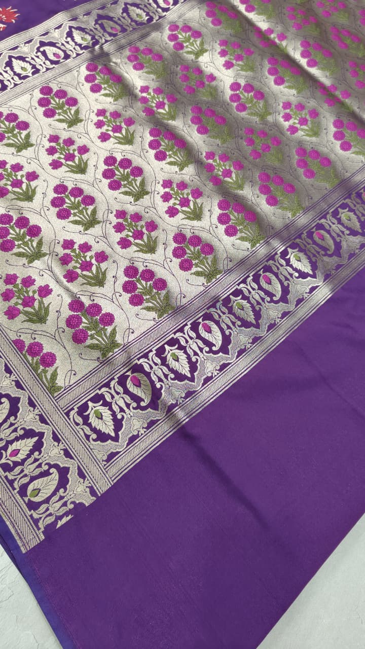 Grape Purple Semi Silk Saree with Meenakari Floral Butta and Border | Shobitam
