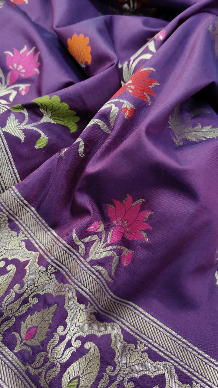 Grape Purple Semi Silk Saree with Meenakari Floral Butta and Border | Shobitam