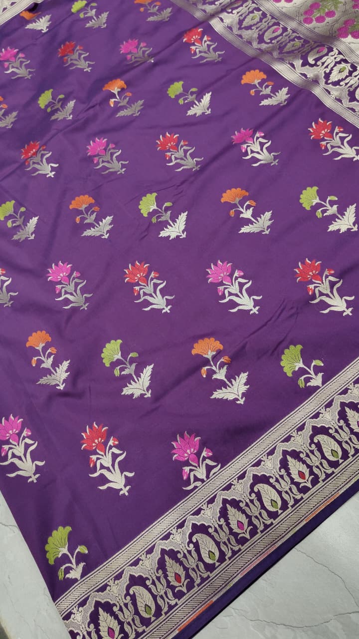 Grape Purple Semi Silk Saree with Meenakari Floral Butta and Border | Shobitam