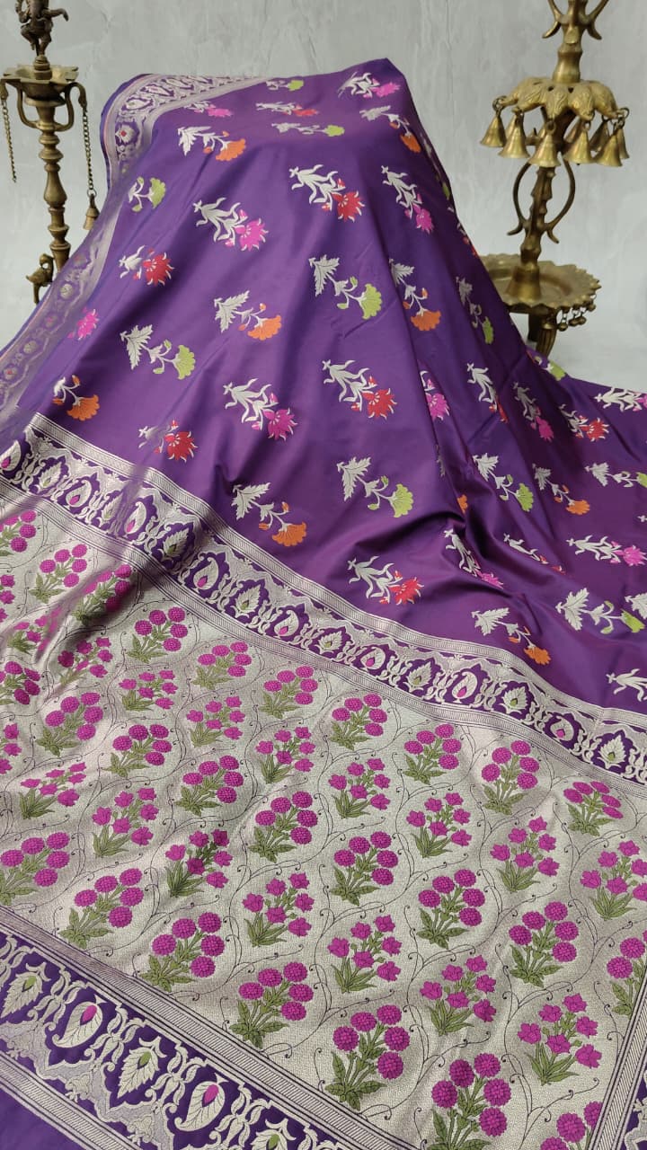 Grape Purple Semi Silk Saree with Meenakari Floral Butta and Border | Shobitam