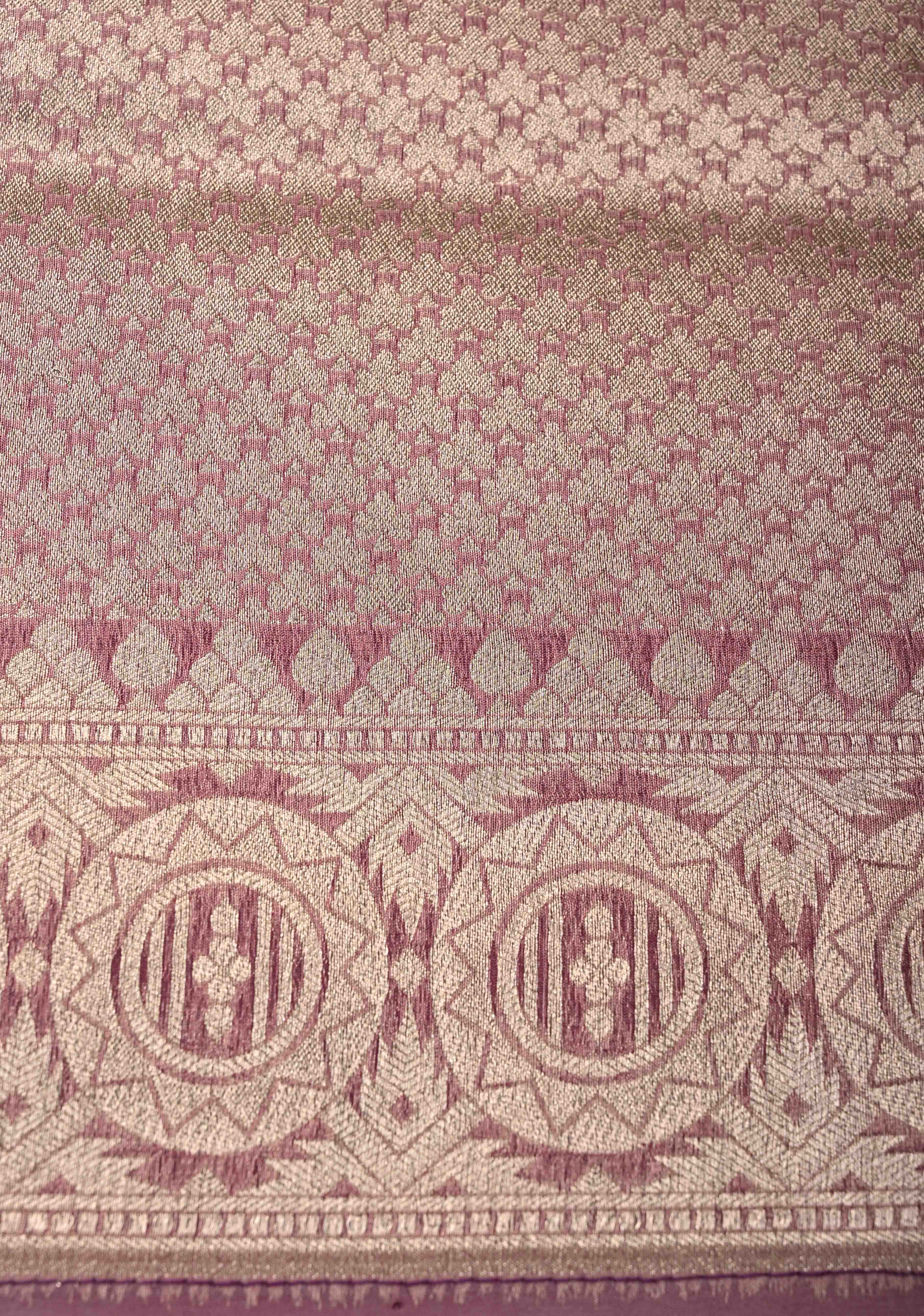 Pastel Hued Rangkaat Style on Banarasi Semi Kora Saree with Chevron Pattern and Zari Border | Shobitam