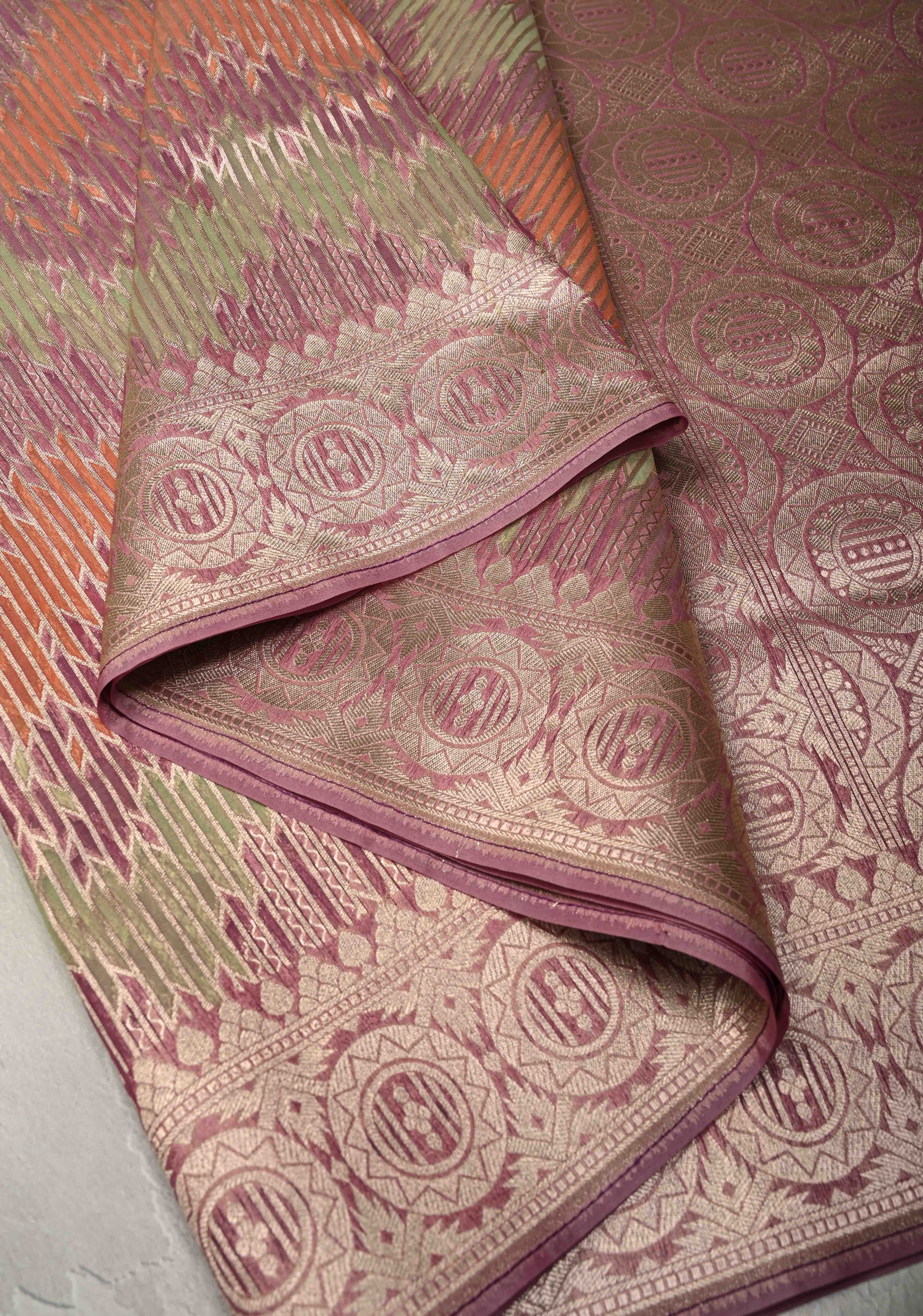 Pastel Hued Rangkaat Style on Banarasi Semi Kora Saree with Chevron Pattern and Zari Border | Shobitam