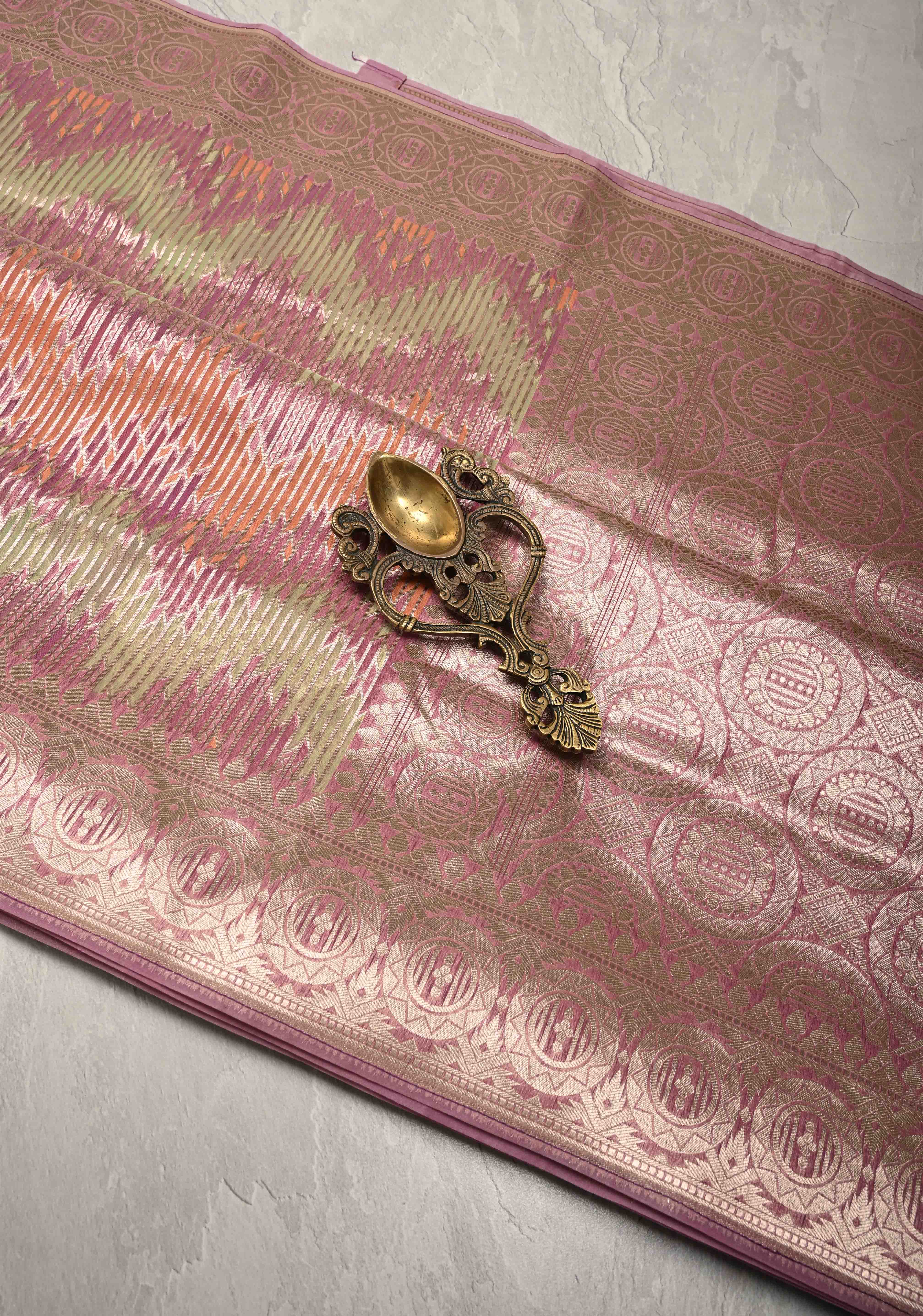 Pastel Hued Rangkaat Style on Banarasi Semi Kora Saree with Chevron Pattern and Zari Border | Shobitam