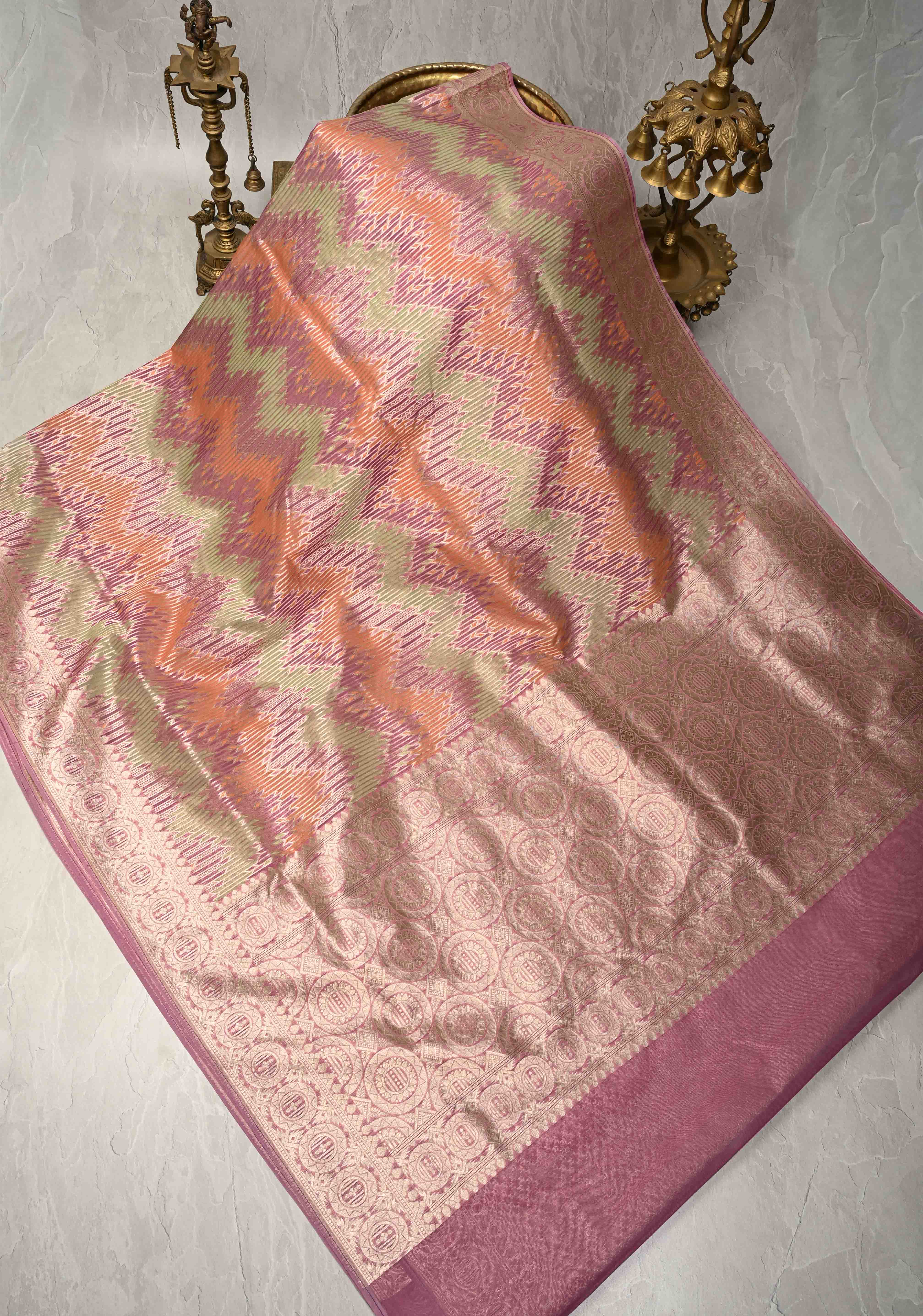 Pastel Hued Rangkaat Style on Banarasi Semi Kora Saree with Chevron Pattern and Zari Border | Shobitam