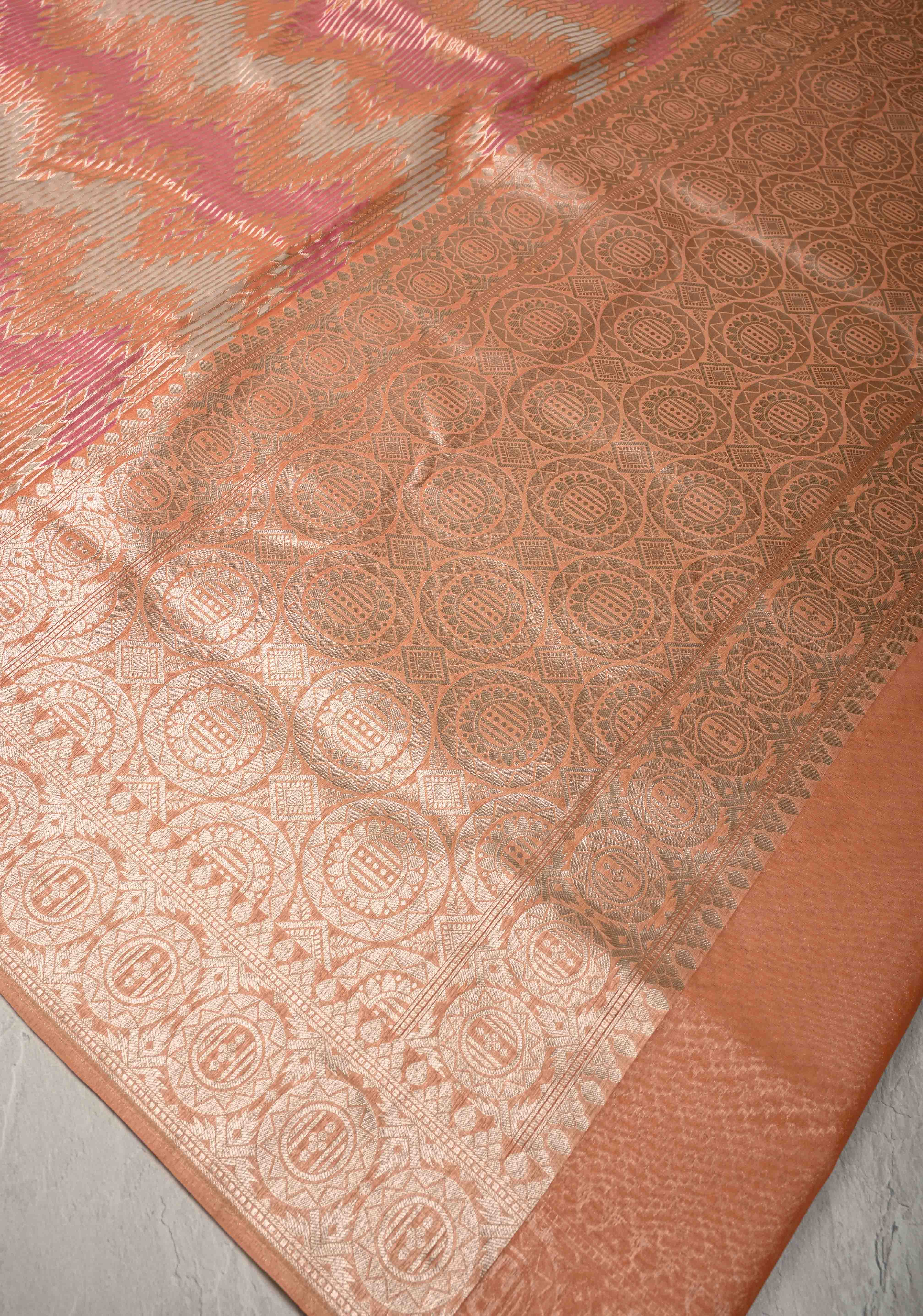 Pastel Hued Rangkaat Style on Banarasi Semi Kora Saree with Chevron Pattern and Zari Border | Shobitam