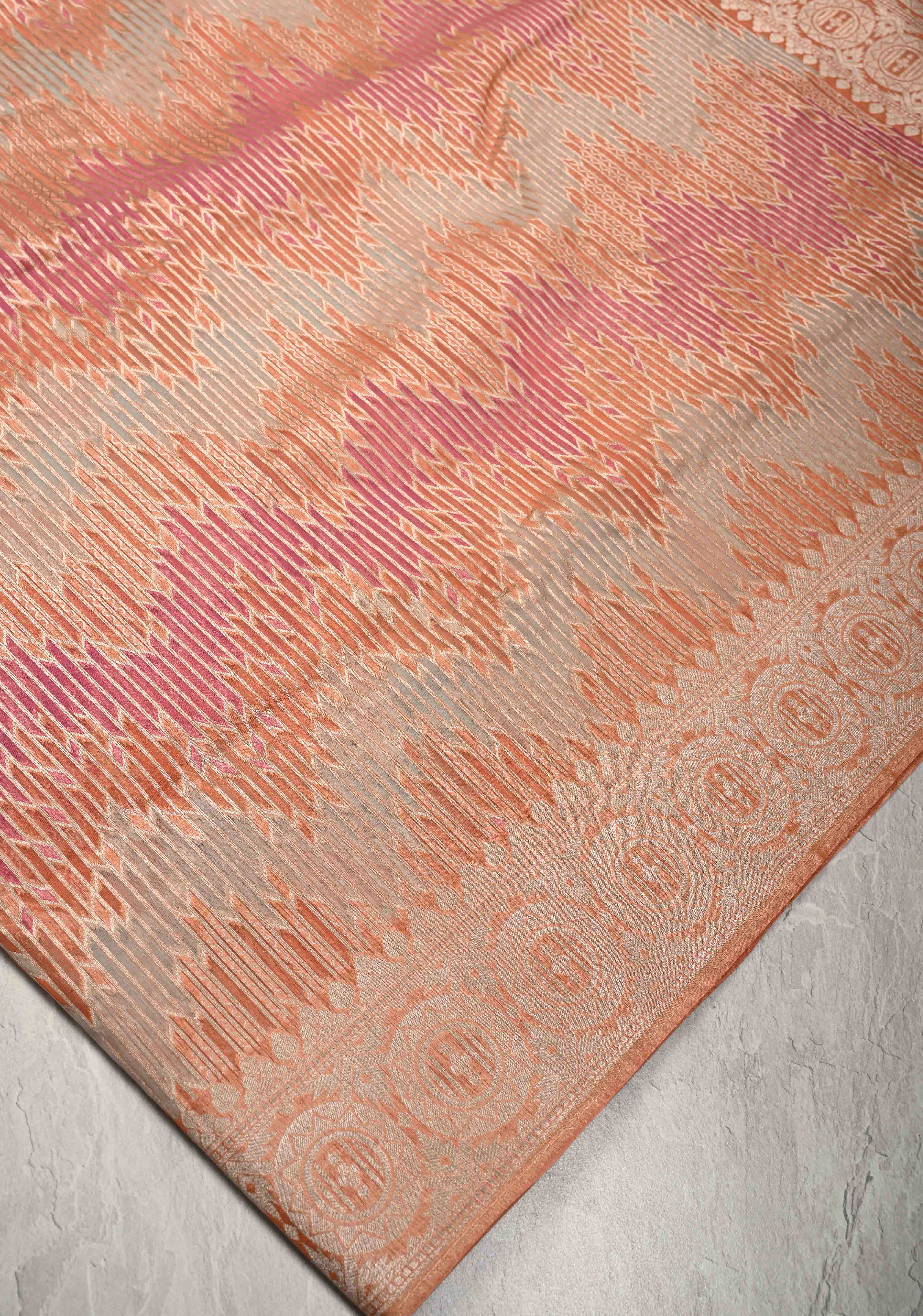 Pastel Hued Rangkaat Style on Banarasi Semi Kora Saree with Chevron Pattern and Zari Border | Shobitam