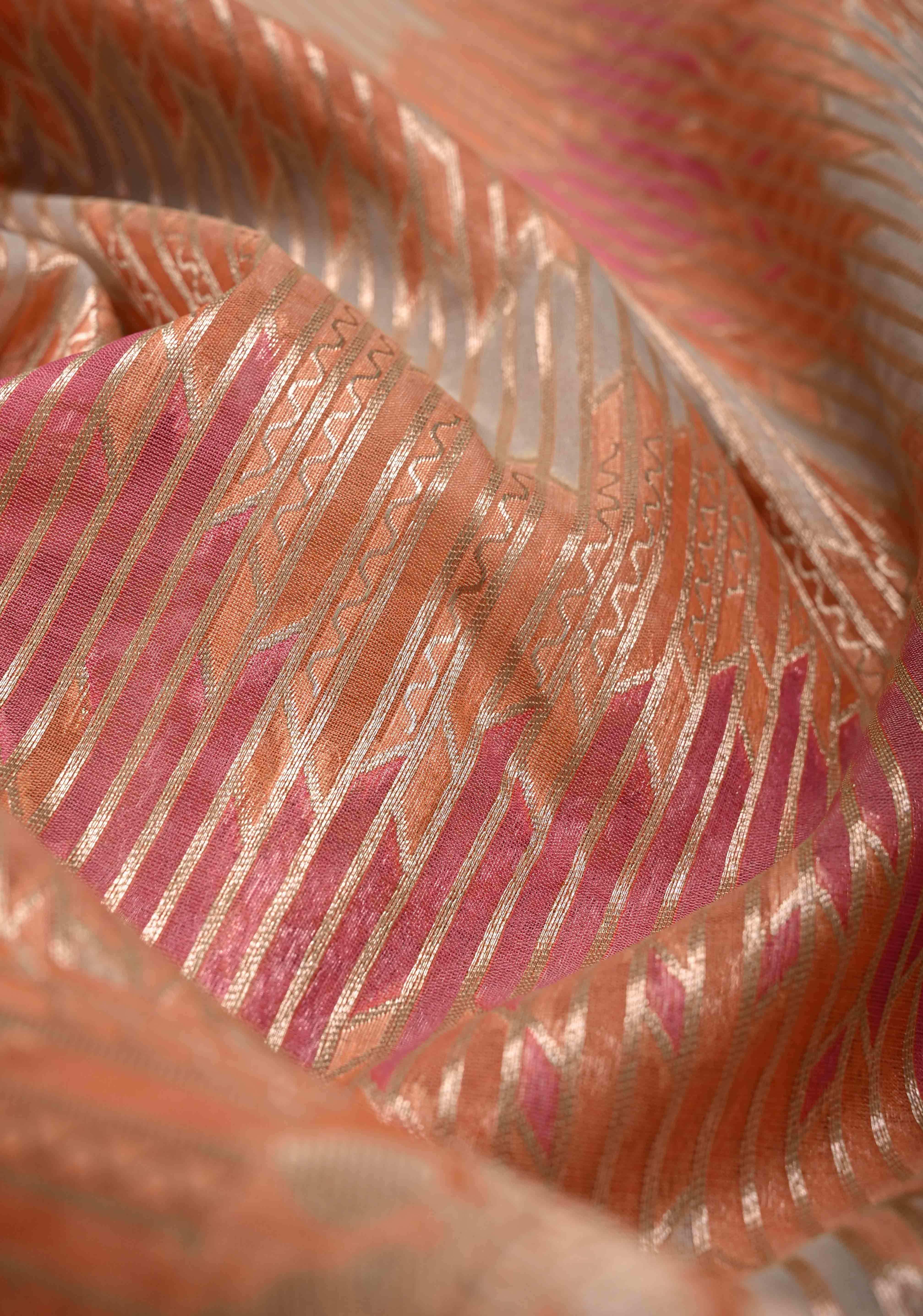 Pastel Hued Rangkaat Style on Banarasi Semi Kora Saree with Chevron Pattern and Zari Border | Shobitam